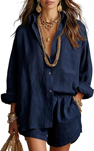 Gozoloma Women's Cotton Linen 2 Piece Outfits Long Sleeve Shirt and Shorts(Navy-