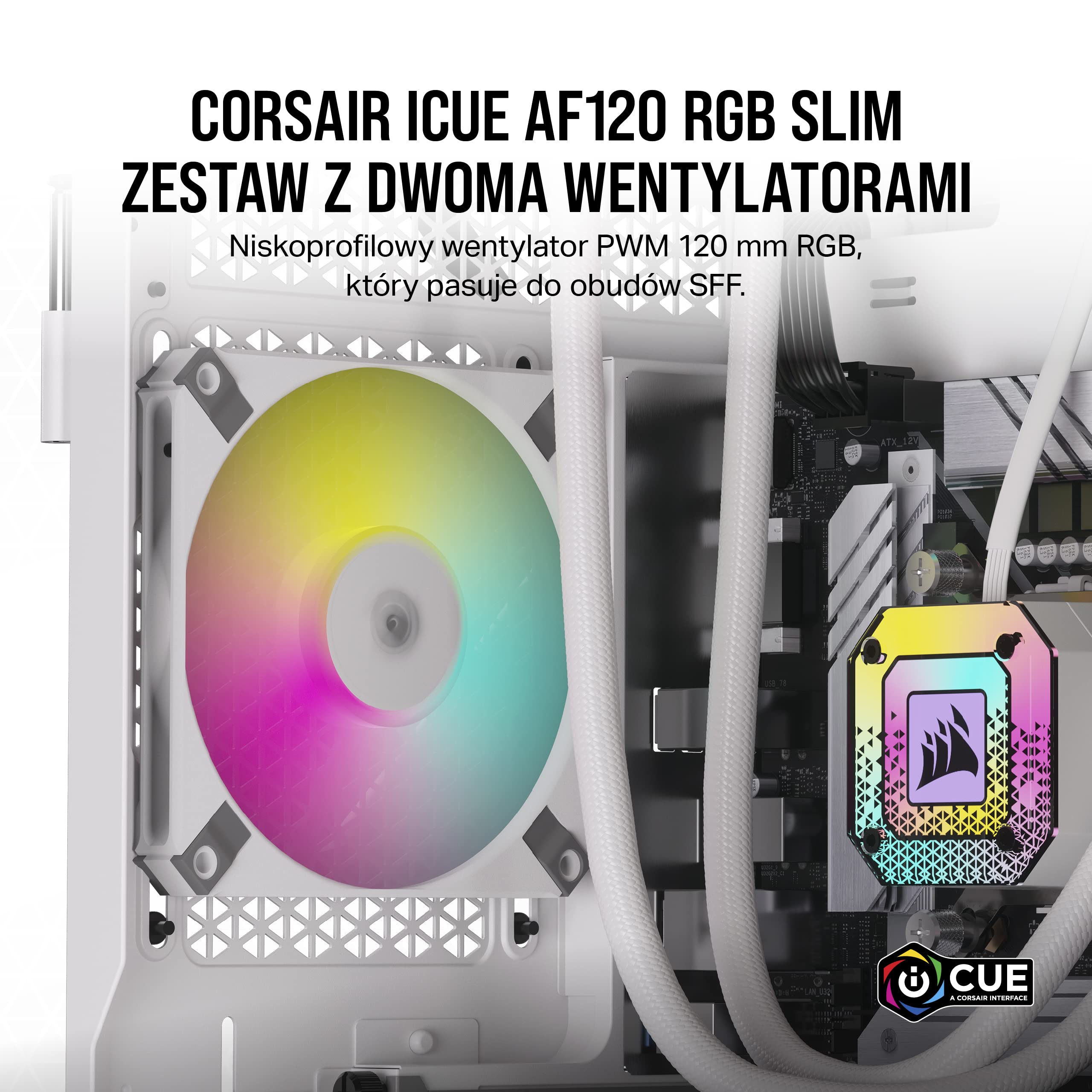 Corsair AF120 RGB SLIM, 120mm PWM Zestaw Wentylatora z Łożyskiem Dynamicznym - Cienki Profil dla Małych Obudów - Do 2000 RPM - 8 Adresowalnych Diod LED RGB - Dual Pack z Lighting Node CORE - Biały