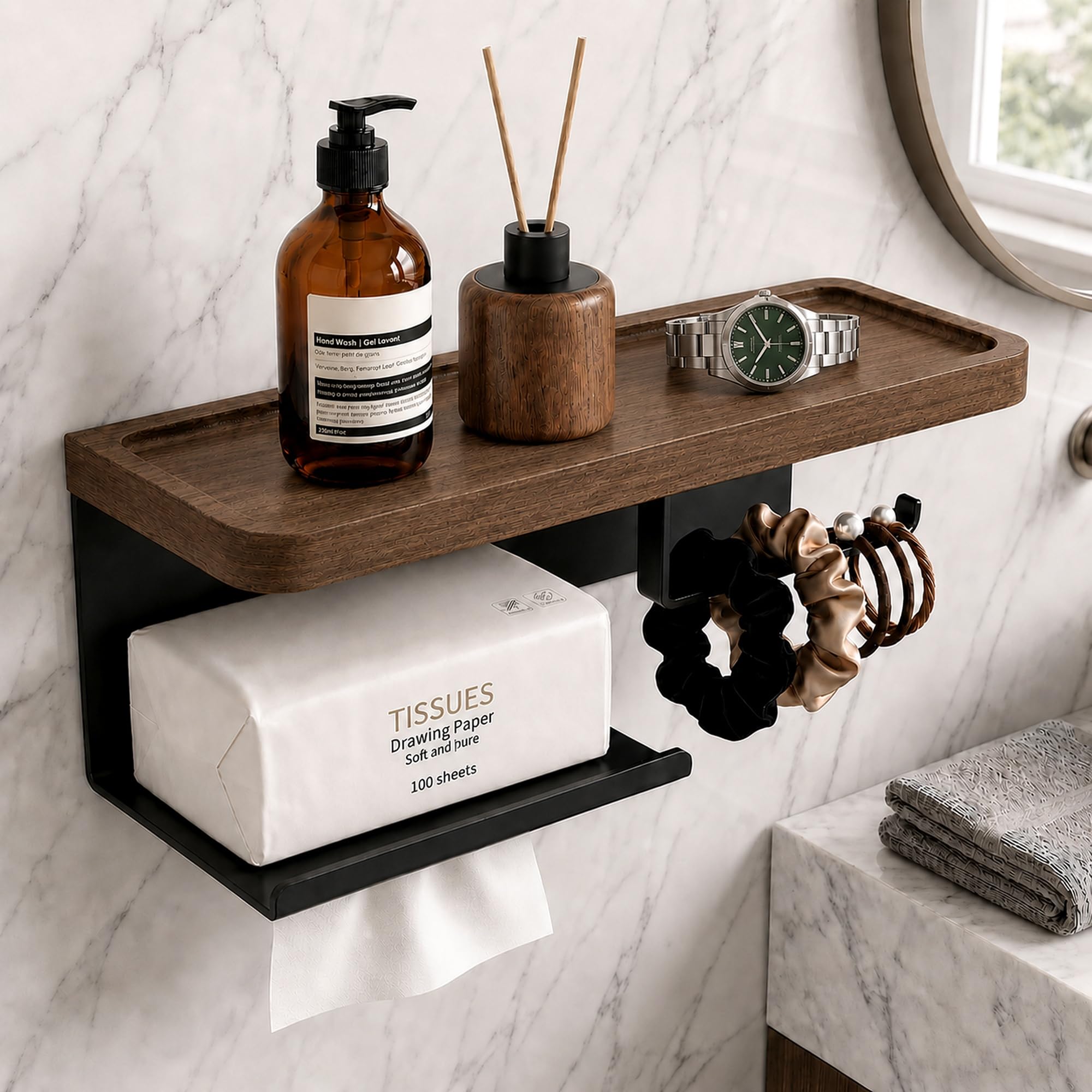 Toilet Paper Holder with Wide Walnut Shelf, Wall Mount Matte Black — Amazon image 2