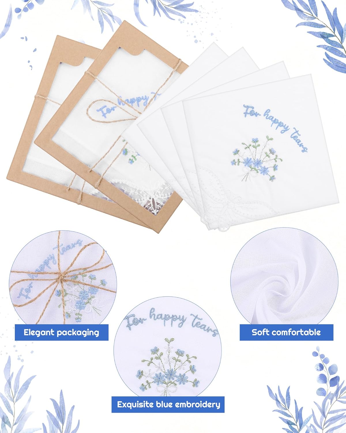 Kinlop 6/12 Pack Embroidered Wedding Happy Tears Handkerchiefs, 11"x11" Lace Handkerchiefs, Something Blue Gift for Bride - Image 5