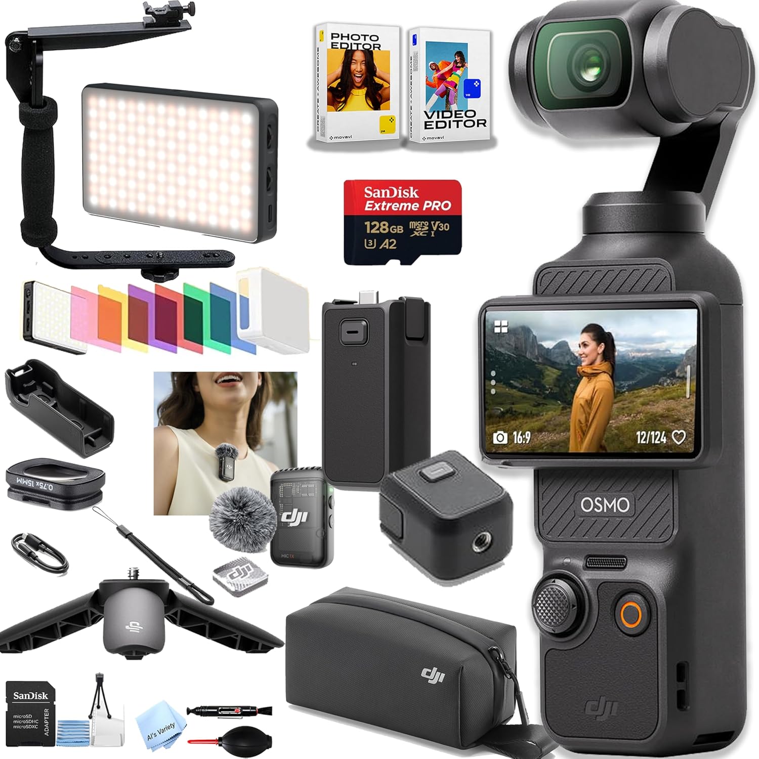 DJI Osmo Pocket 3 Creator Combo, Vlogging Cameras, 4K/120fps Vlog Camera, 3-Axis Stabilization, Face/Object Tracking, Mic Included + 128GB Memory, Video Light, Bracket + More (27pc Bundle)