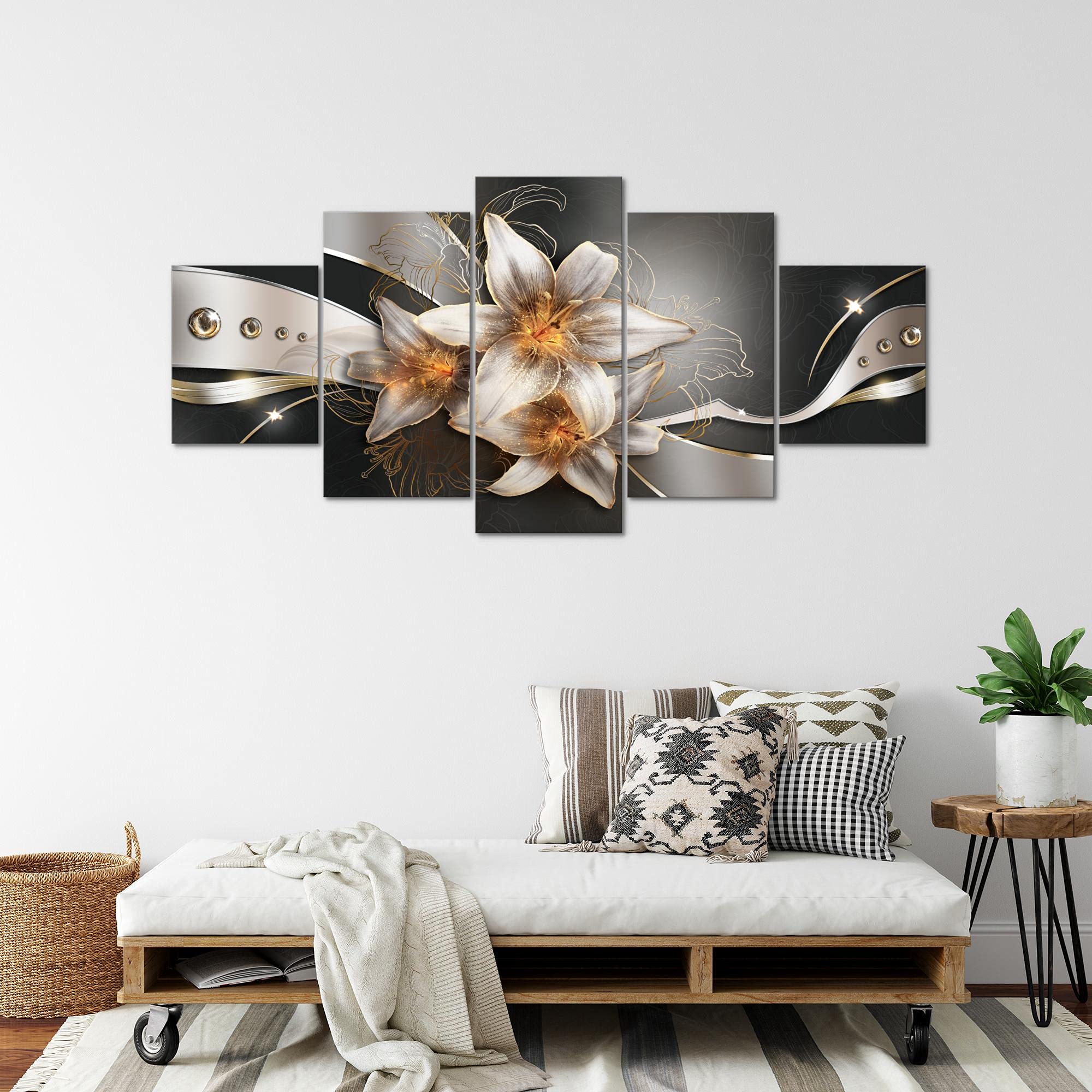 Runa Art - Bilder Blumen Lilien 200 x 100 cm 5 Teilig XXL Wanddekoration Design Gelb Gold 039651a