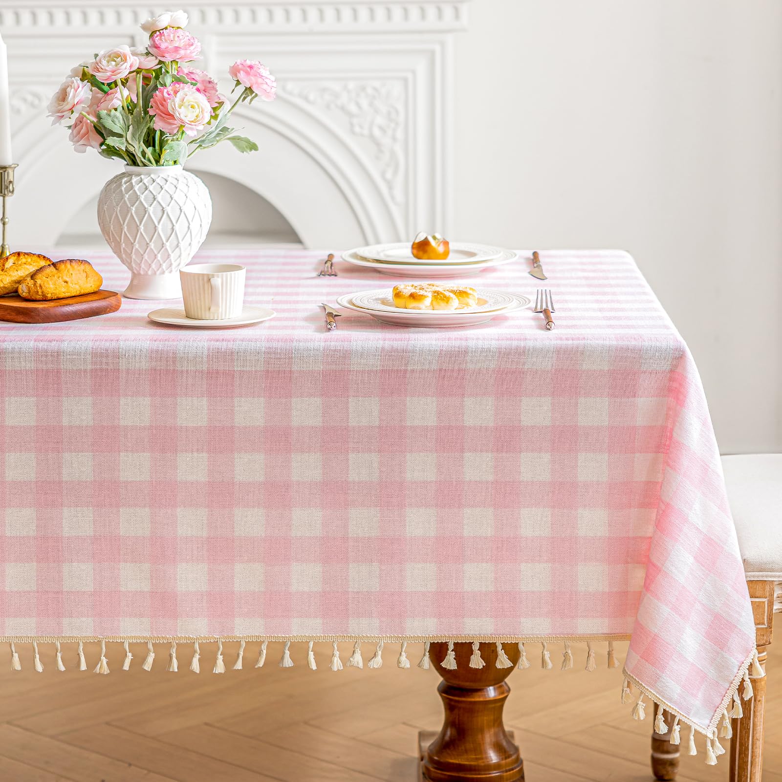 Photo 1 of NALVXIN Checkered Tablecloth Rectangle Cotton Linen Gingham Table Cloth with Tassel Washable Wrinkle Free Heavy Duty Buffalo Plaid Table Cover for Dining/Party/Picnic (Pink, 55" x 102" (Rectangular))