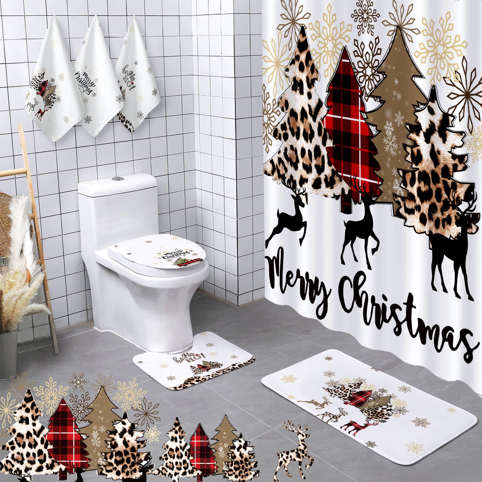 Amazon.com: Newwiee 7 Pcs Christmas Bathroom Set Xmas Shower Curtain ...