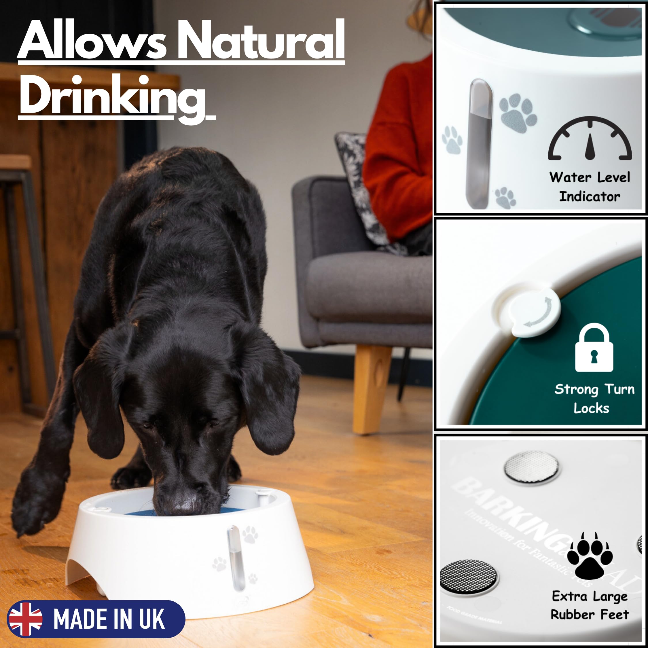 BARKING& MAD Gamelle d'eau anti-déversement pour chien de 2,1 L – Distributeur d'eau à alimentation lente anti-éclaboussures, bols blancs antidérapants et anti-basculement pour grands chiens avec de