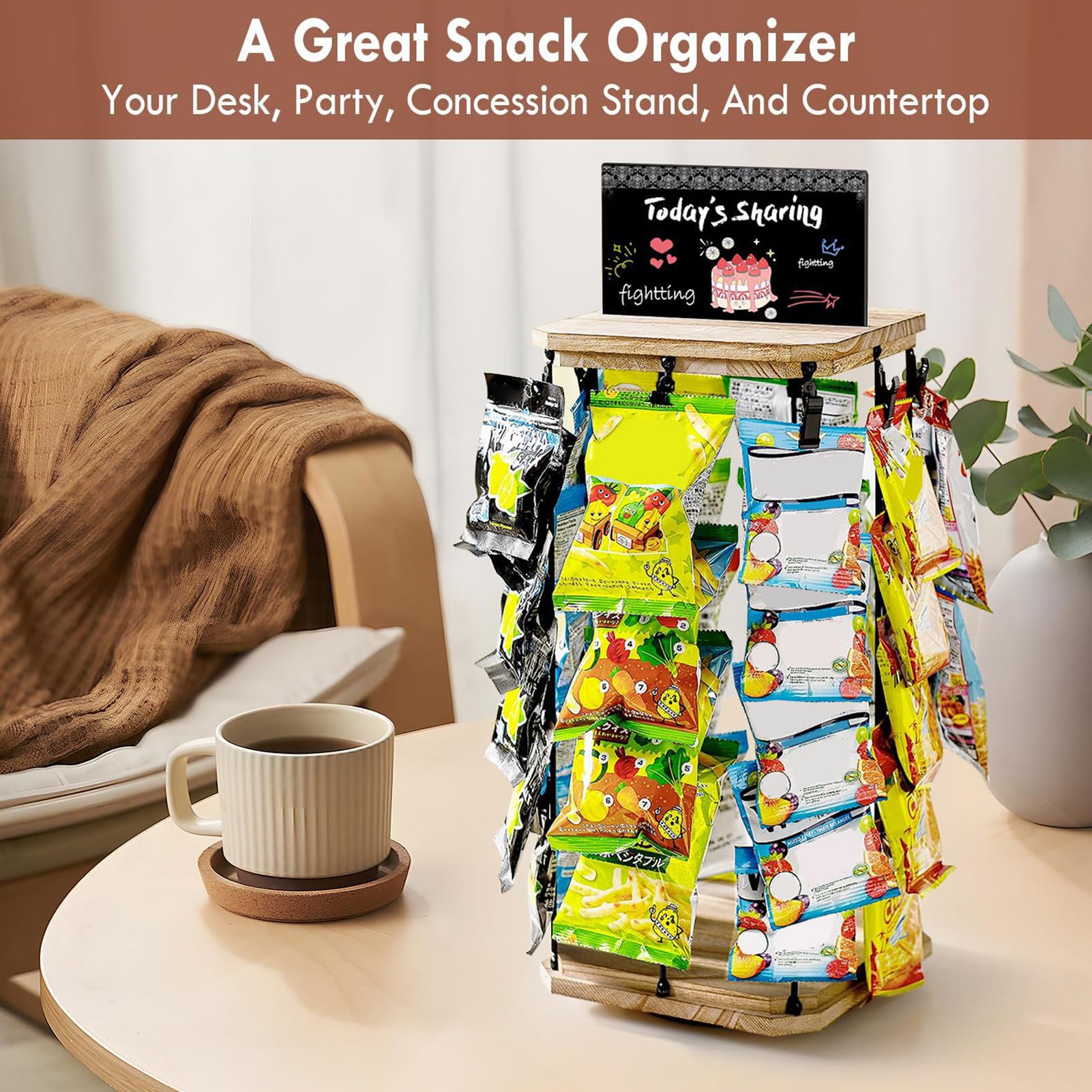 Porta Snack Organizzatore Per Snack E Patatine Con Clip | Base in Legno con Bacheca per Messaggi, Organizzazione Alimenti e Dispensa per Conservazione Cibi