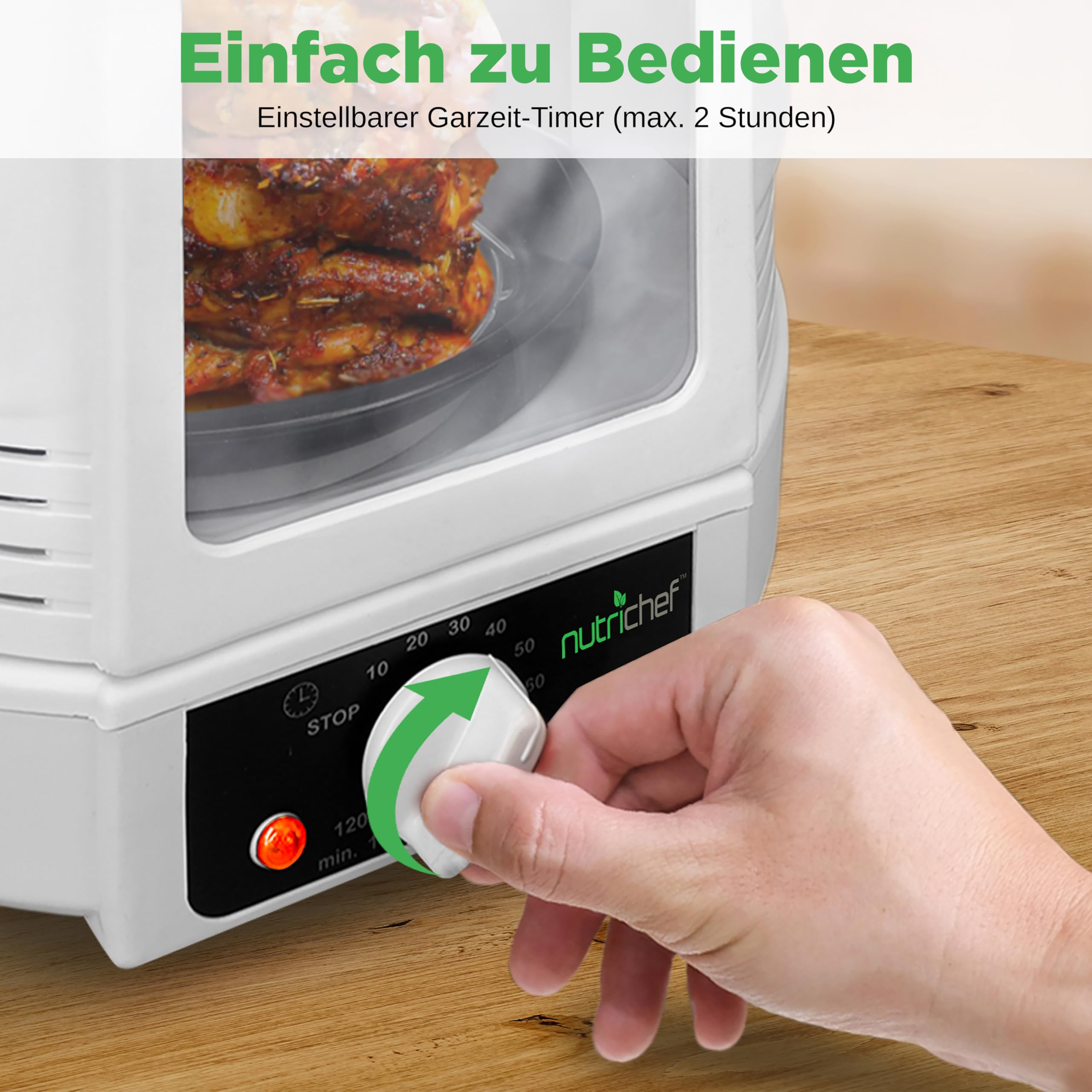 NutriChef Hähnchengrill mit Drehspieß – Weiß 700W Mini-Backofen Vertikal Elektrogrill Heißluft-Rotisserie für Hähnchen, Döner, Fleisch - Kompakt & Fettarm Inkl. Zubehör und Auffangschale