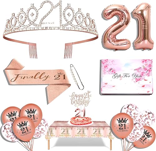 Miniatura 1 de Decoraciones de cumpleaños 21 para ella, incluyen banda y tiara de cumpleaños 21, adorno para pastel de cumpleaños y juego de velas del número 21,