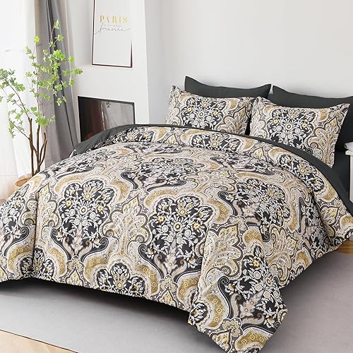 Drucon Boho Paisley Comforter Set Queen Size, 7 Pieces Bed in a Bag Black Gold Comforter Set, Soft Lightweight Bedding Set (1 Comforter, 1 Flat Sheet, 1 Fitted Sheet, 2 Pillow Shams, 2 Pillowcases)