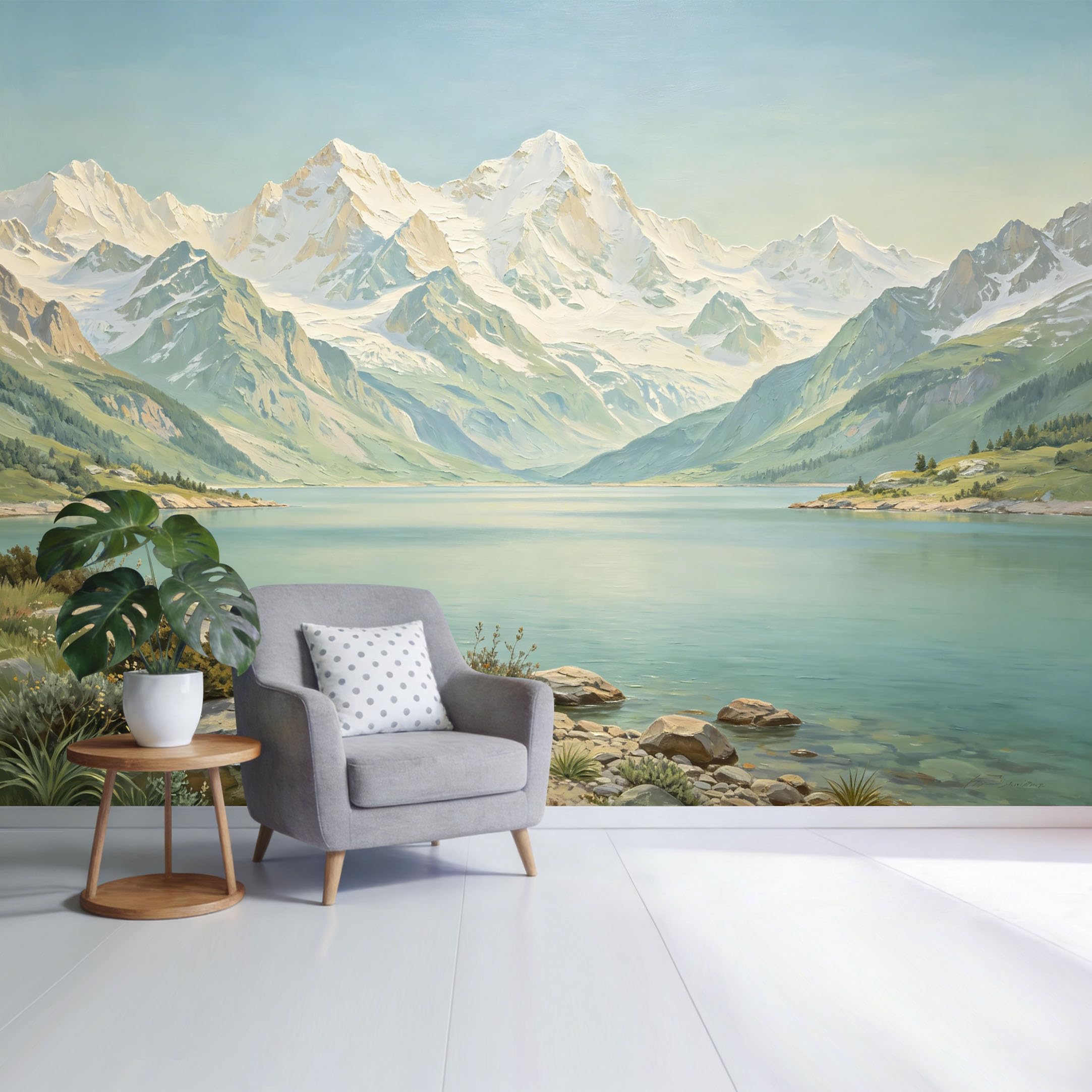 Custom Size Wall Mural Mountain Lake Landscape Snow Peak Scenery Tranquil Nature View Oil Painting Style SelfAdhesive Wall Fabric Removable Wallpaper for Home Office Decor