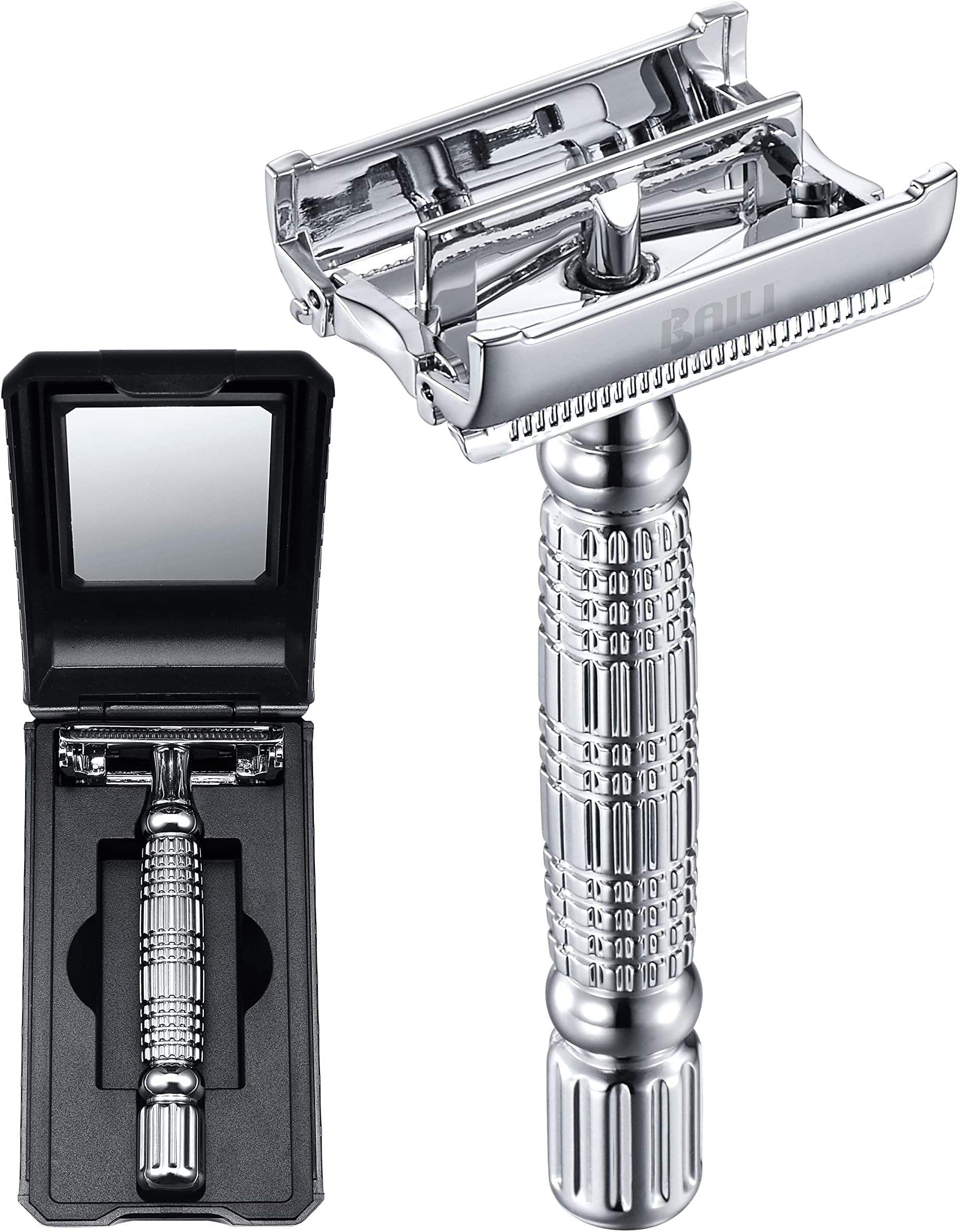 Butterfly BD179C Double Edge Safety Razor Rustproof Reusable Manual Stainless Steel DE Wet Shaving for Men Women with Mirrored Travel Case Silver