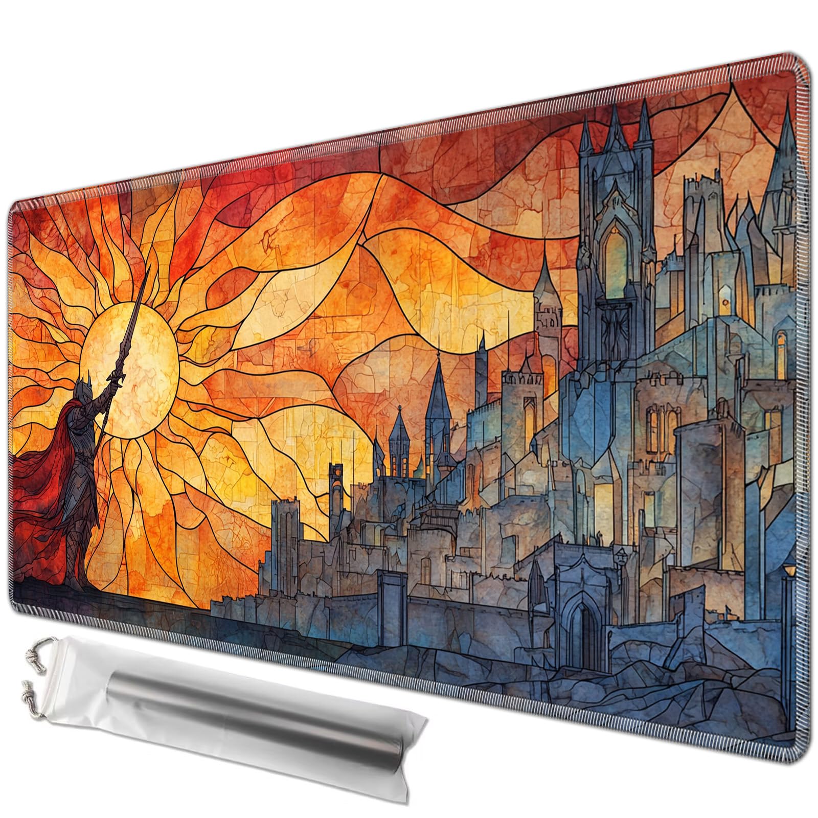 JANENFNA TCG Card Playmat 24" x 14" with Storage Bags for MTG Game Play Mats, Premium Stitched Non-Slip Rubber Tabletop Magic Play Mats Desk Duel Card Breaking Mats, Sun and Ancient Castle