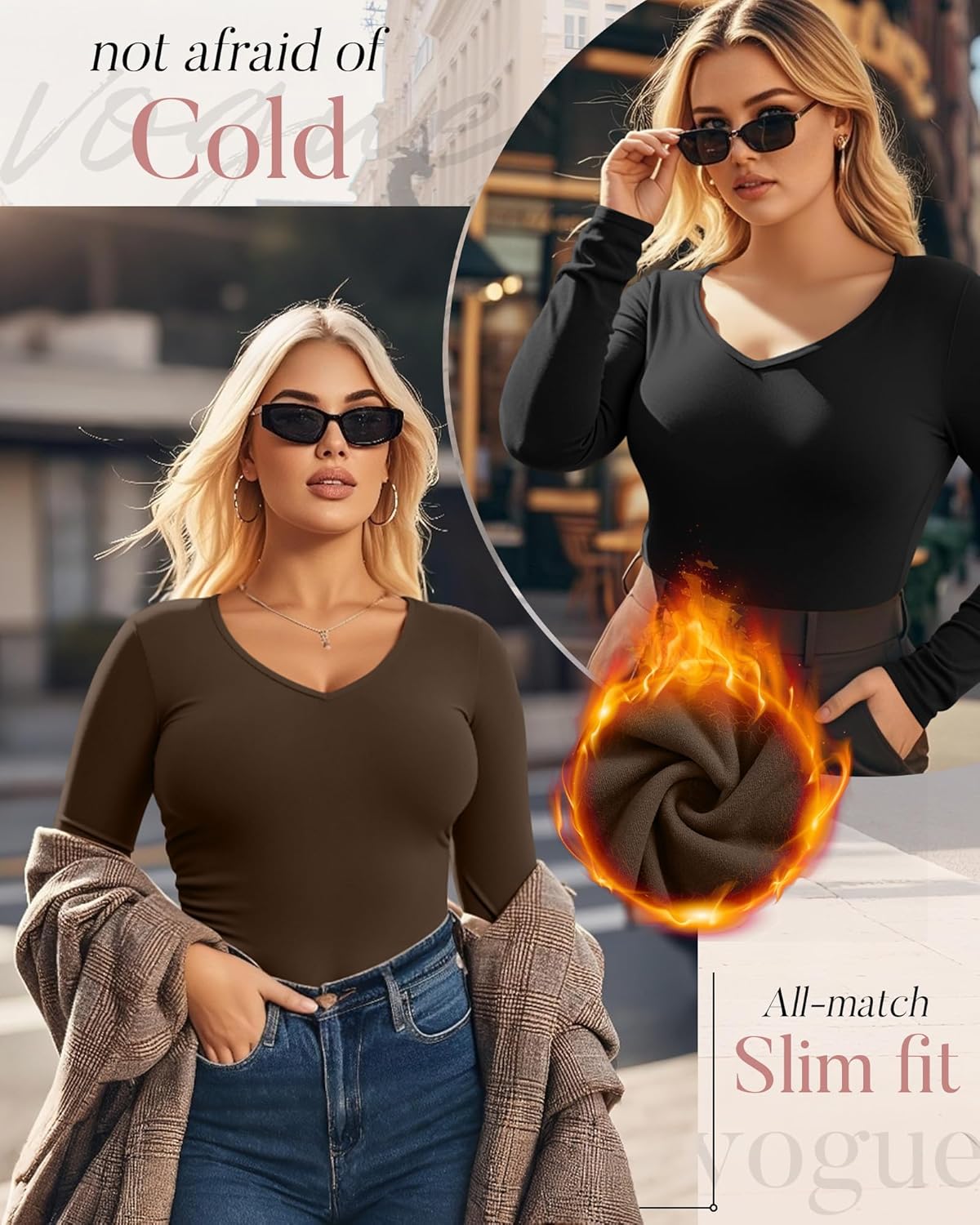 3 Pack Women's Plus Size Long Sleeve Thermal Shirts, V Neck Slim Fitted Fleece Underwear Basic Tees - Image 3