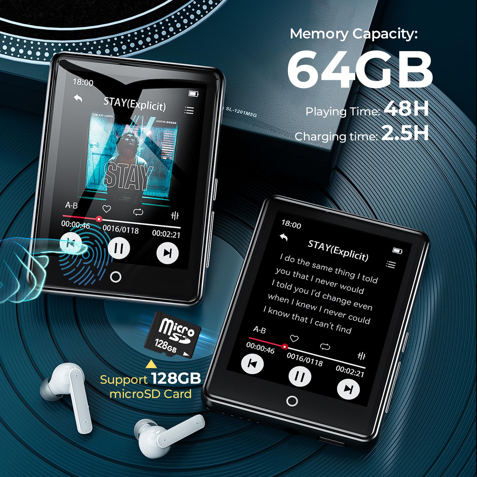 64GB MP3 Player Bluetooth 5.3, 2,8 Zoll Touchscreen, Zinkgehäuse, HiFi-Klang & Lautsprecher, 48h Akkulaufzeit, Weißes Rauschen (18 Klänge), inkl. Kopfhörer & Tasche,Schwarz