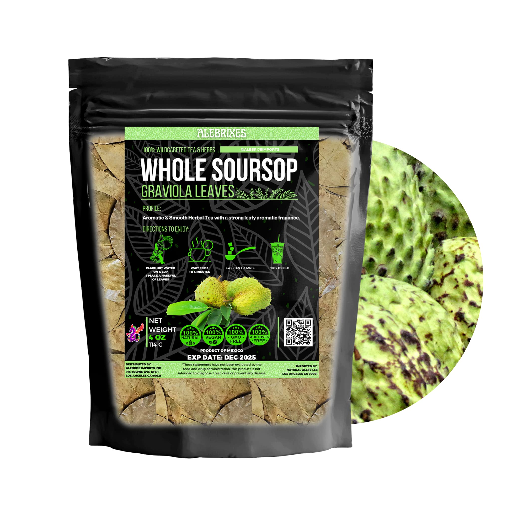 Alebrixes Soursop Tea (4 oz) - Premium Quality Whole Soursop Leaves - Antioxidant Support, Relaxation, Refreshment