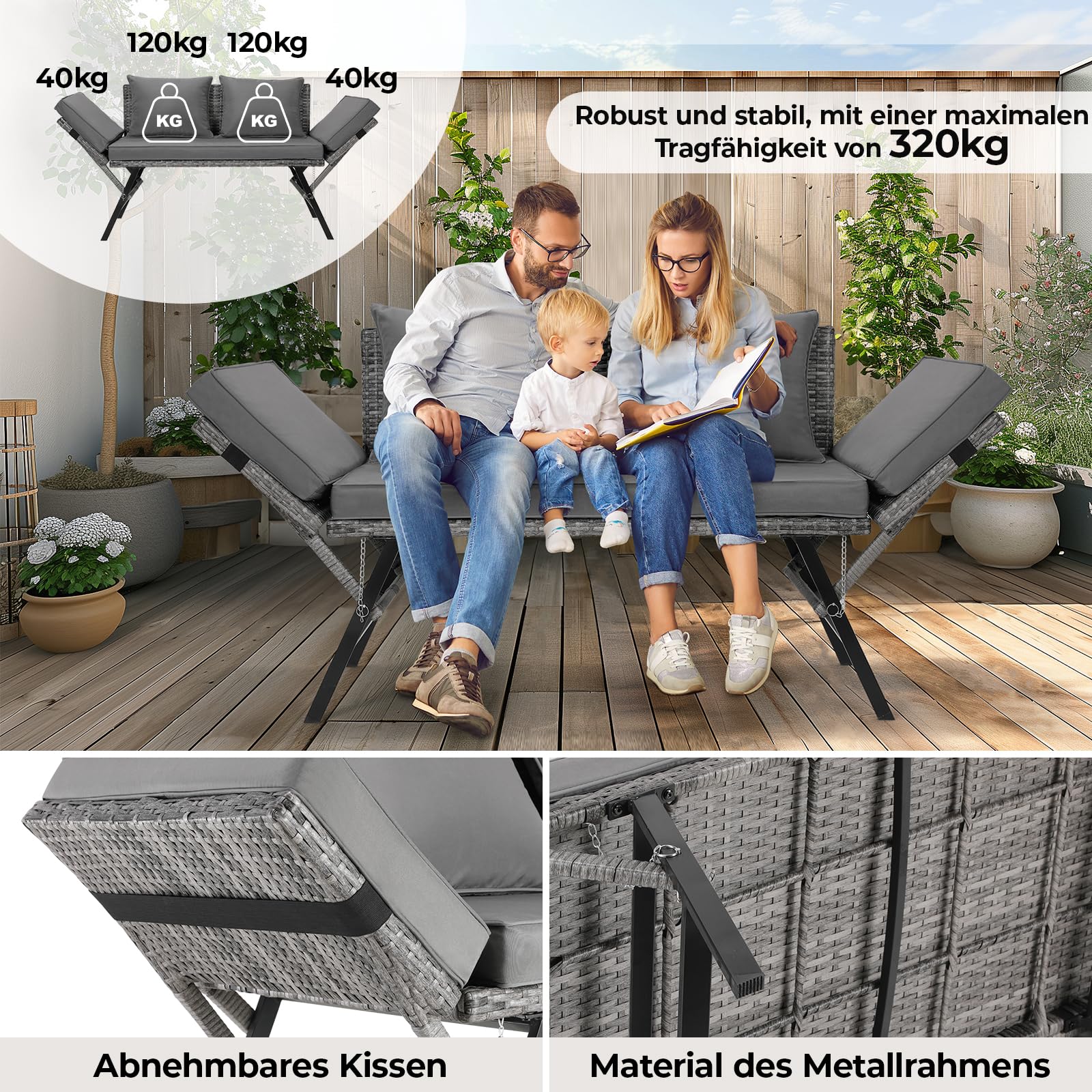 LIFERUN Rattan-Gartenbank Für Garten, Terrasse,Balkon,Poolbereich,Innenhof, Polyrattan,Loungesofa,Gartensofa,2-Sitzer,Verstellbare Armlehnen,Outdoor Sofa,Graues Rattan