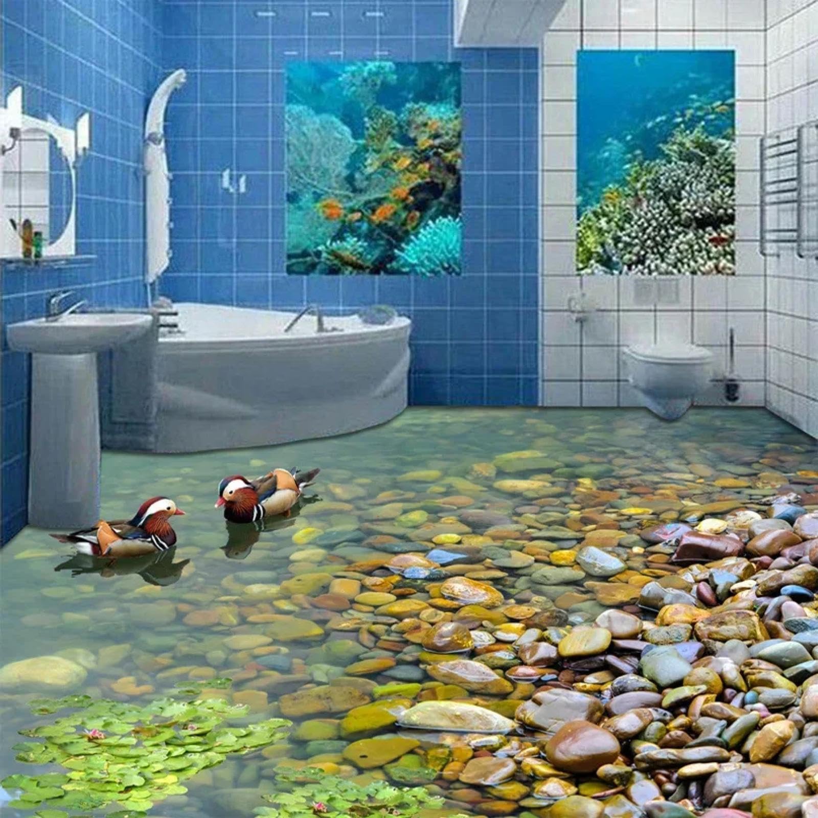 Stickers muraux 3D carrelage ruisseau et galets pour deco chambre