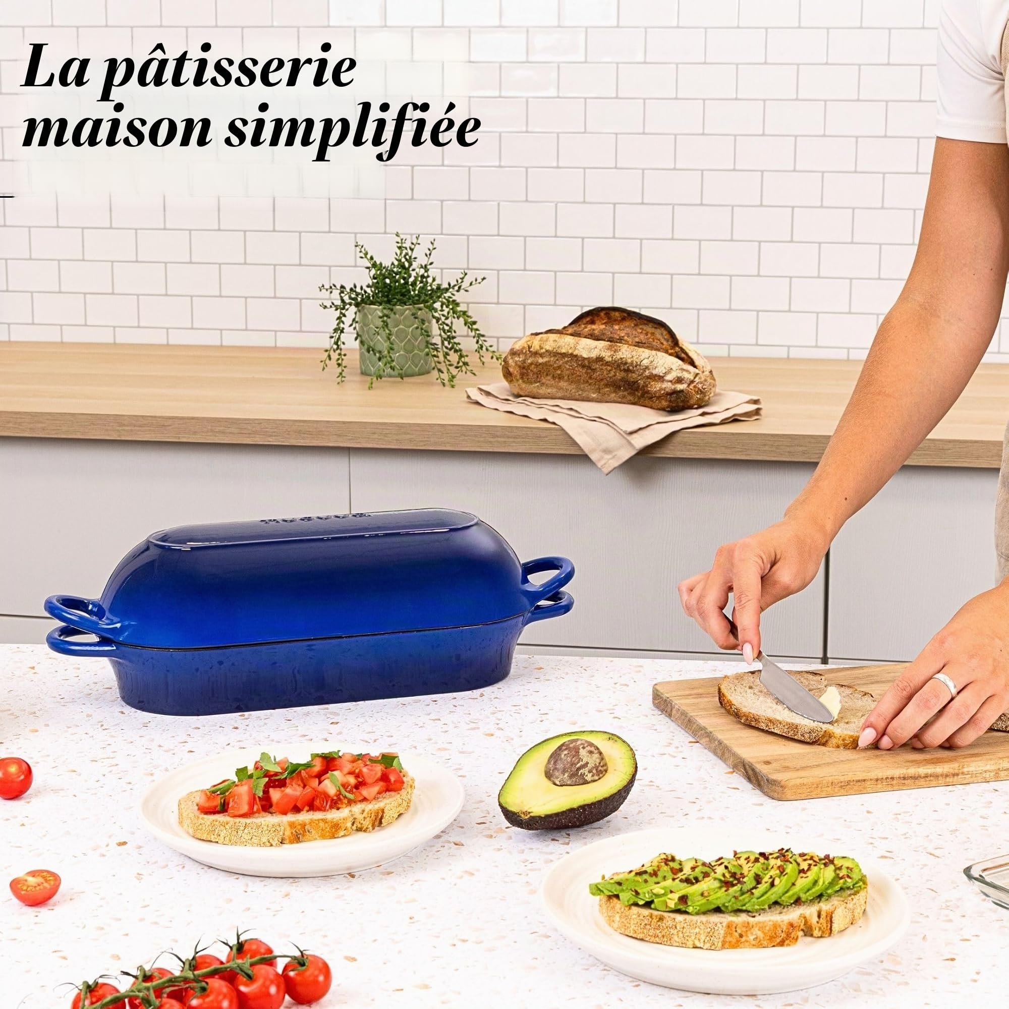 Casserole à pain en fonte émaillée - Cocotte pour la cuisson du pain au levain - Passe au four - Antiadhésive - Rectangulaire - Bleu foncé - 32 cm x 16 cm Nuovva