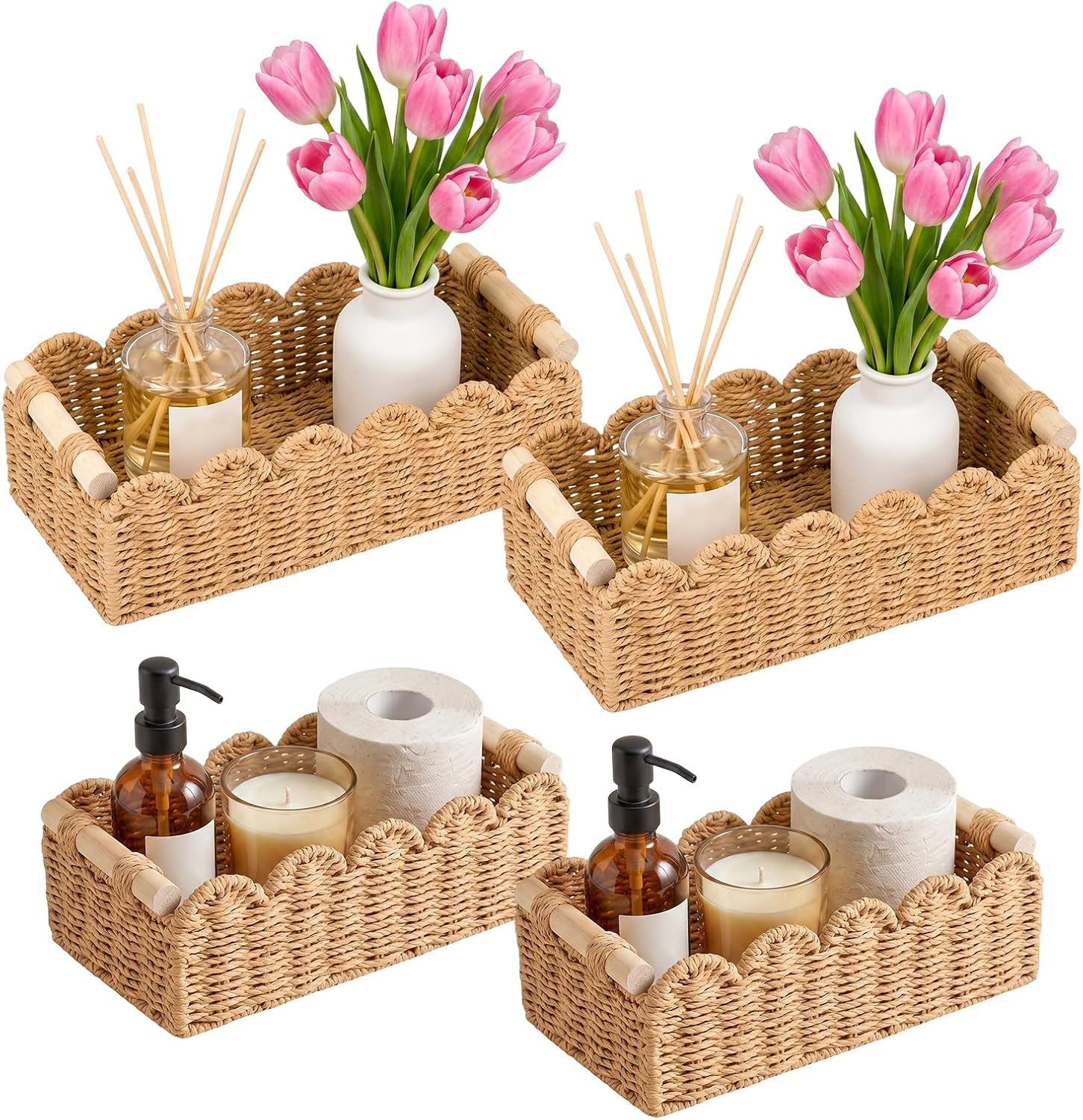 4PCS Baskets for Bathroom, Toilet Paper Basket with Wooden Handles, Scalloped Paper Rope Storage Organizer, Wicker Storage Baskets for Bathroom or Living Room