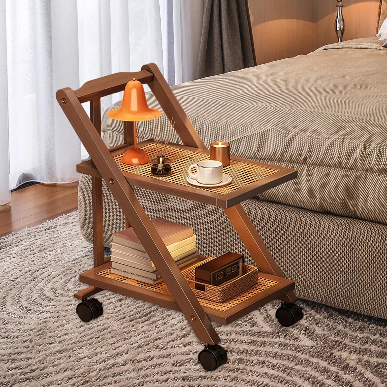 Carro Auxiliar Plegable de 2 Niveles Mesa Auxiliar con Ruedas Organizador de Almacenamiento Y Mesita de Noche Adecuado para Dormitorio Y Baño