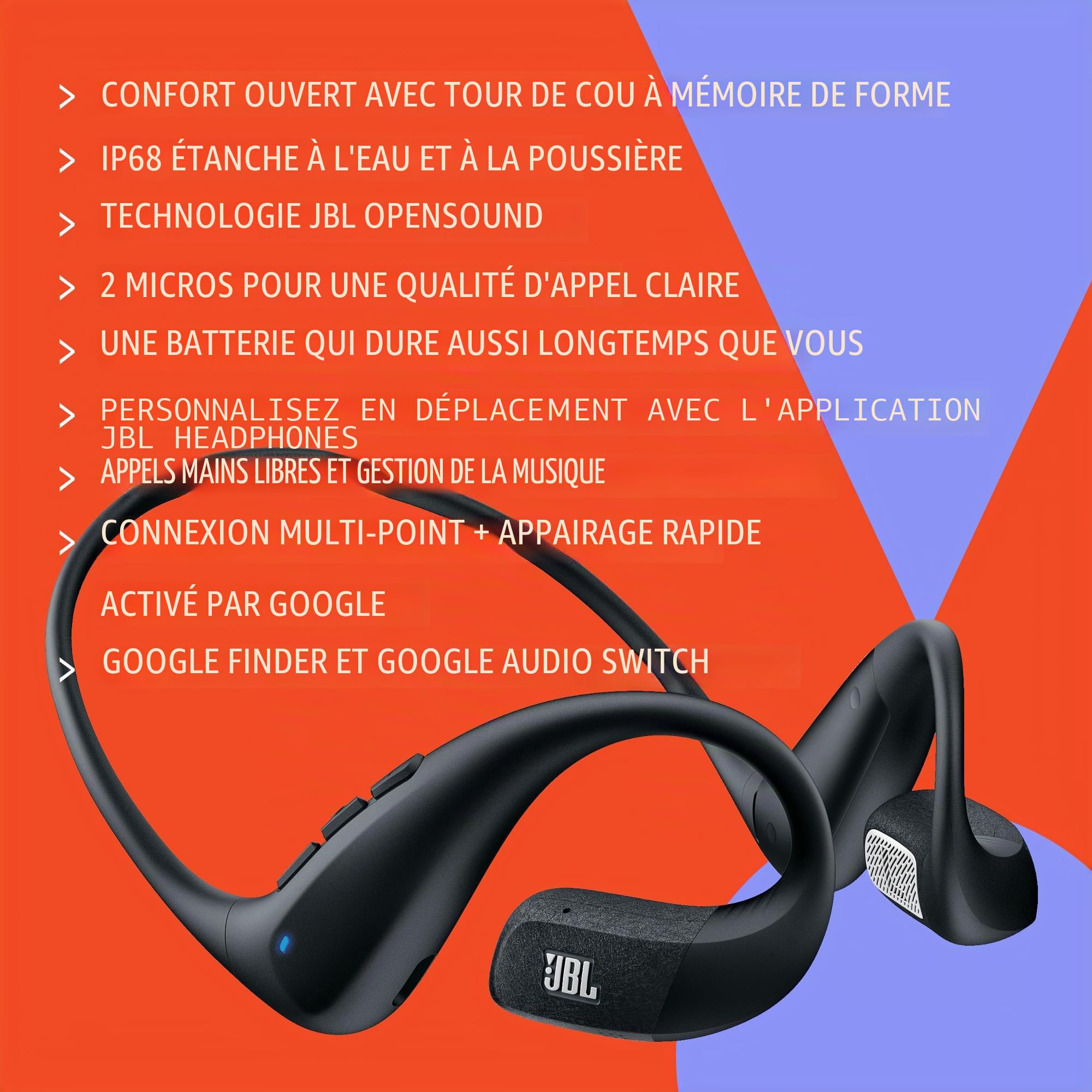 Écouteurs Open-Ear sport JBL Endurance Pace avec bluetooth, 10 Heures de batterie, serre-tête léger en titane à mémoire de forme, étanche à l’eau à la poussière IP68, technologie JBL OpenSound, blanc.