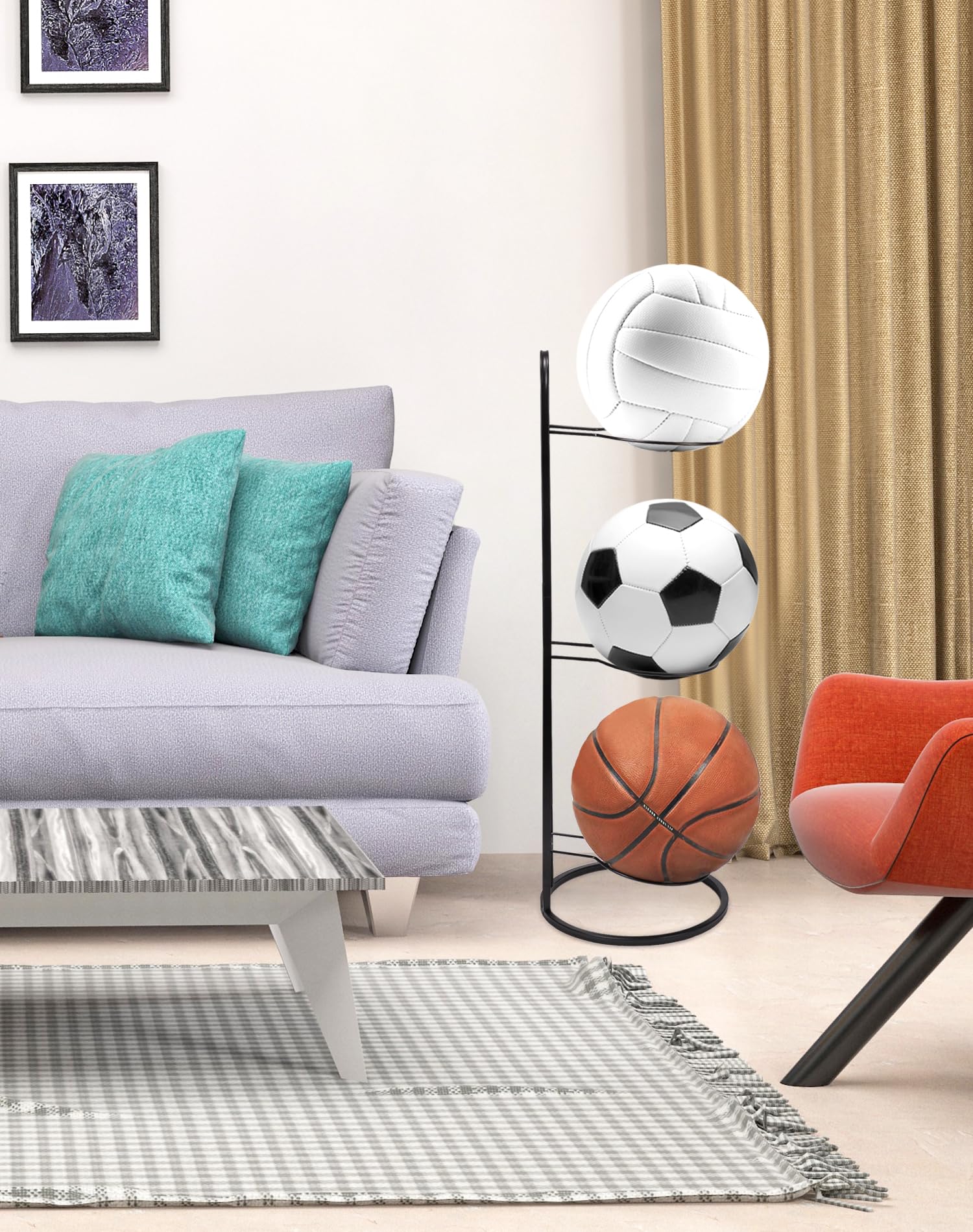 QWORK® 3-lagiger ballständer, Basketball-fußballständer, freistehende ballhalterung, einfacher aufbau
