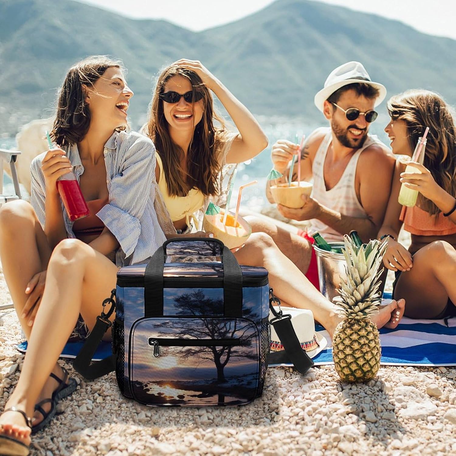 Camping Ice Pack, Tree Branch Silhouette at Dusk Print Cooler Bag, 22.5L Large Capacity Insulated Lunch Tote Bag for Outdoor, Picnic, BBQ, Travel, Work