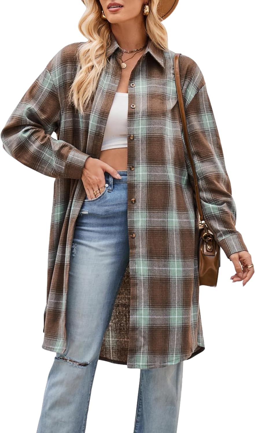 Korebow Womens Casual Long Flannel Plaid Shirts Fall Fashion Long Sleeve Boyfriend Coats Jackets with Pockets