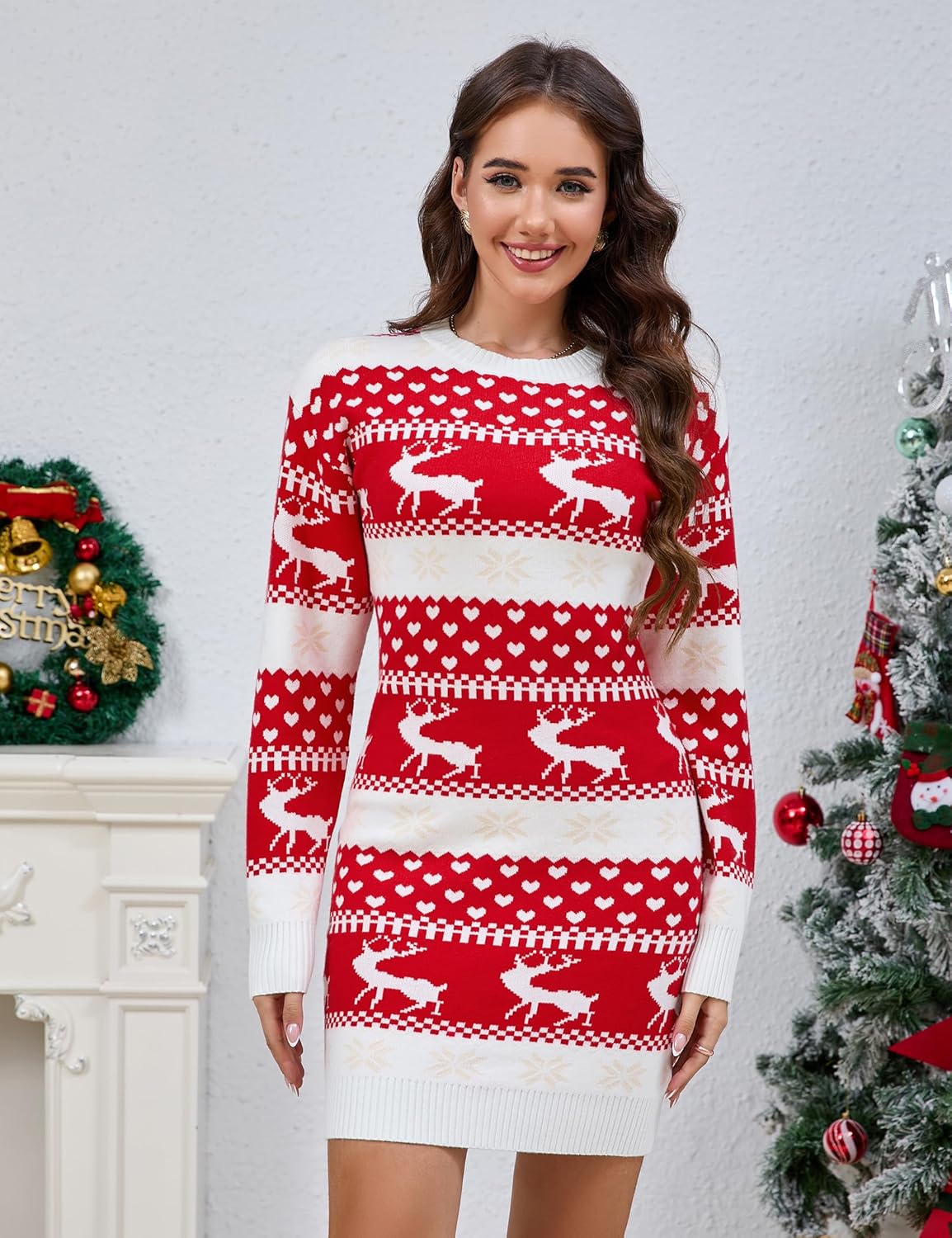 Ugly Christmas Sweater Dress for Women Xmas Crew Neck Pullover Sweater Holiday Knitted Mini Tunic Dress - Image 5