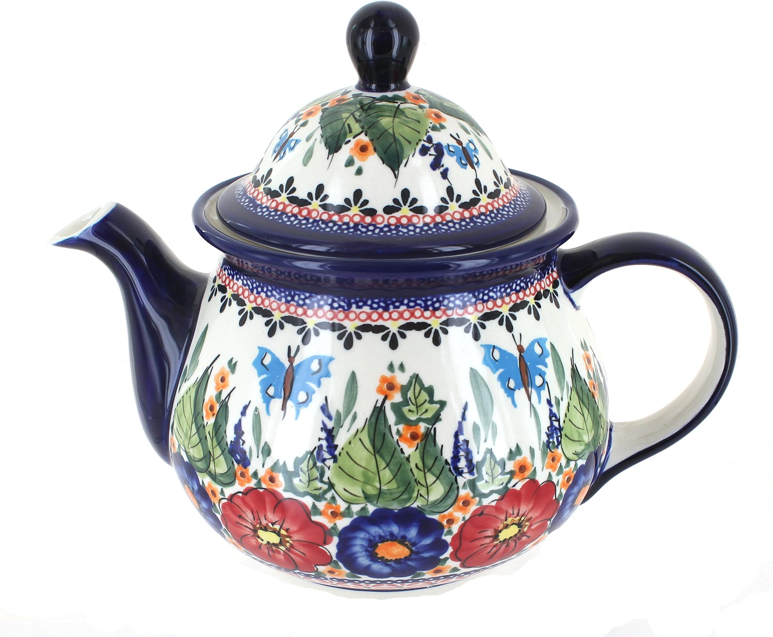 Blue Rose Polish Pottery - Red Floral Butterfly Large Teapot - 7 Cup Capacity - Hand-Painted Polish Pottery Ceramic Coffee & Tea Server