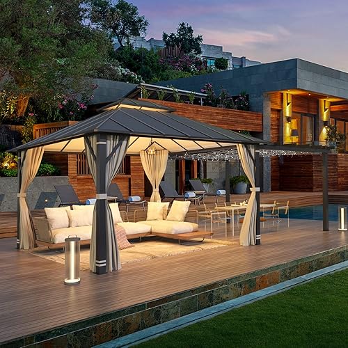 EROMMY Cenador permanente de techo rígido de 12 x 14 pies con pérgola de 12 x 10 pies, toldo de acero metálico con techo compuesto de aluminio para