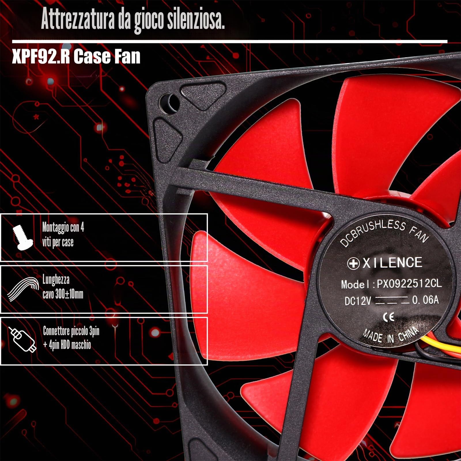 Xilence Ventola per case XPF92.R da 92 mm, 3 pin+4 pin, rosso/nero