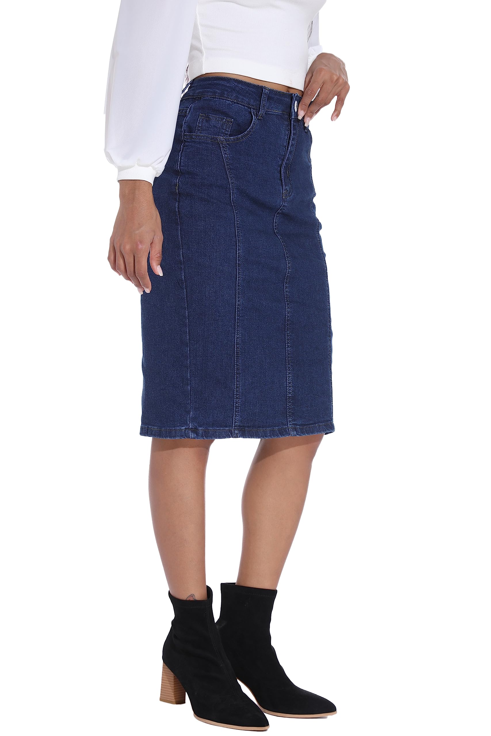 GUANYY Jeansrock für Damen, hohe Taille, knielang, schmale Passform, Bleistift-Stretch-Jeansrock