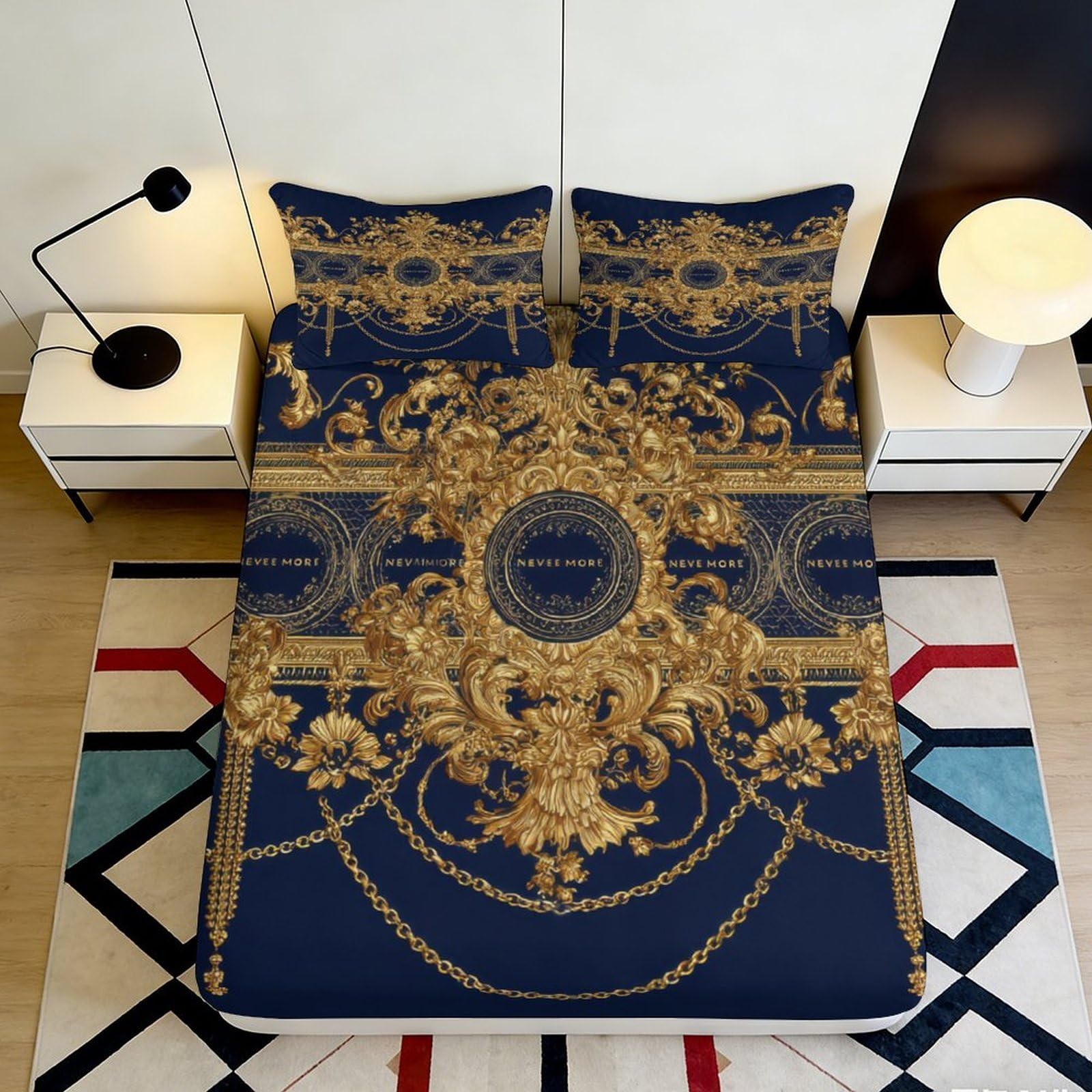 3D Printed Baroque Style Fitted Sheet Microfiber Soft Breathable Ornate Gold Pattern Bed Cover for Bedroom Dormitory Guest Room Mattress Protection 160x200x25cm