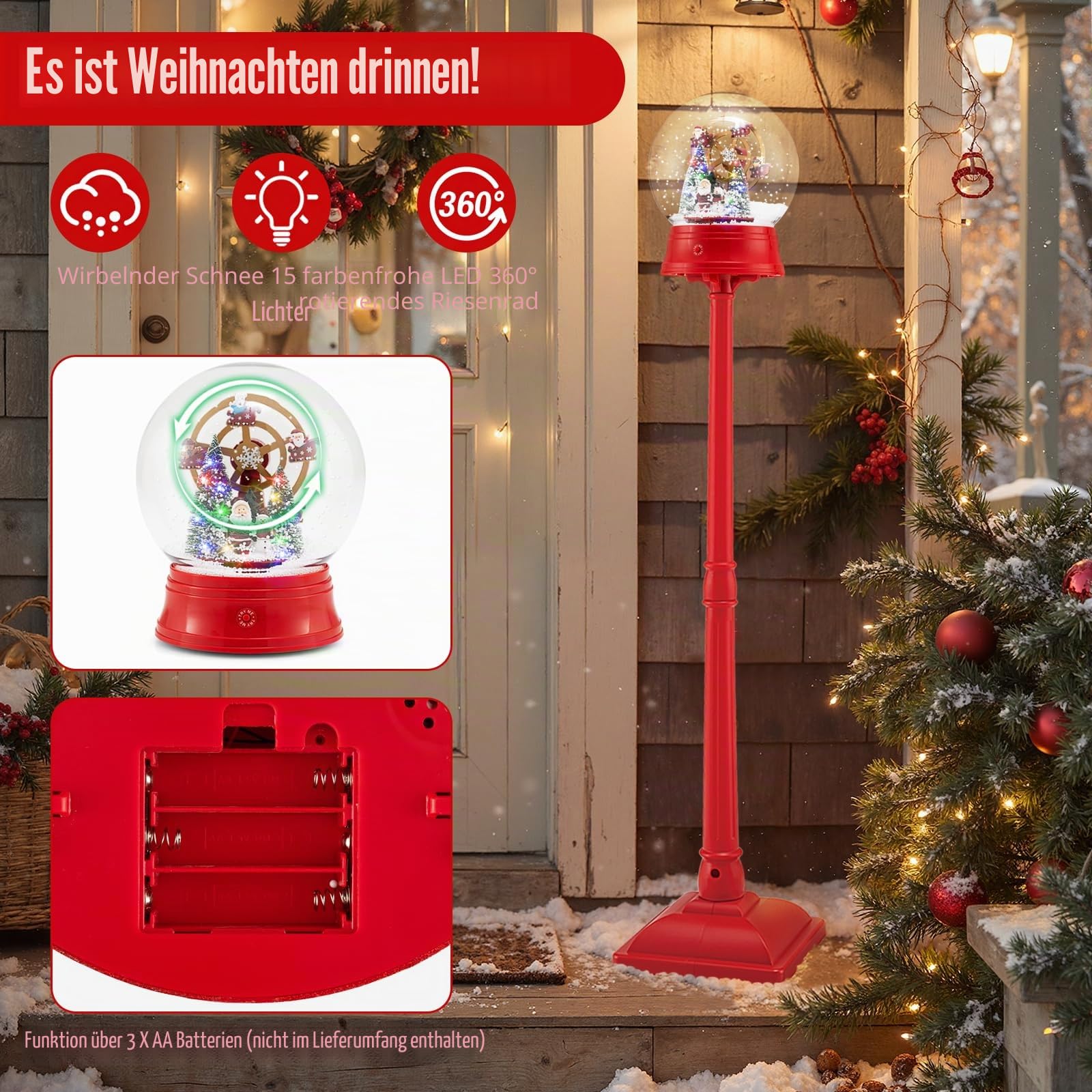 SOARS Weihnachtslaterne 153cm mit Musik & 15 bunten LEDs, Straßenlaternen Weihnachten mit Schneeeffekt & 360° drehbares Riesenrad, Weihnacht Schneekugel Laterne batteriebetrieben, für außen & Innen