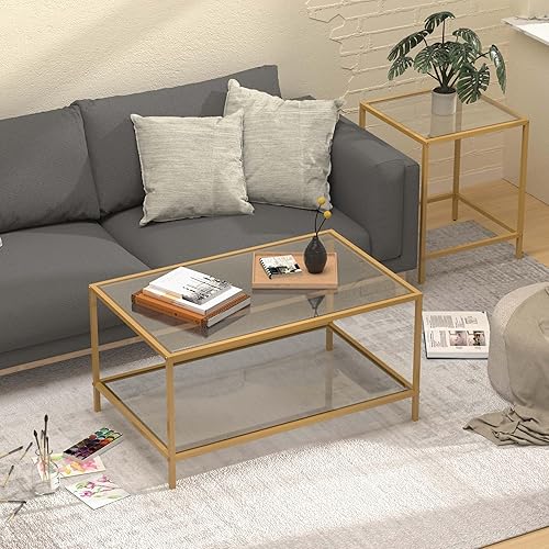 Miniatura 8 de Juego de 2 mesas auxiliares de cristal dorado, mesa central cuadrada moderna para sala de estar, dormitorio y espacios pequeños, parte superior de