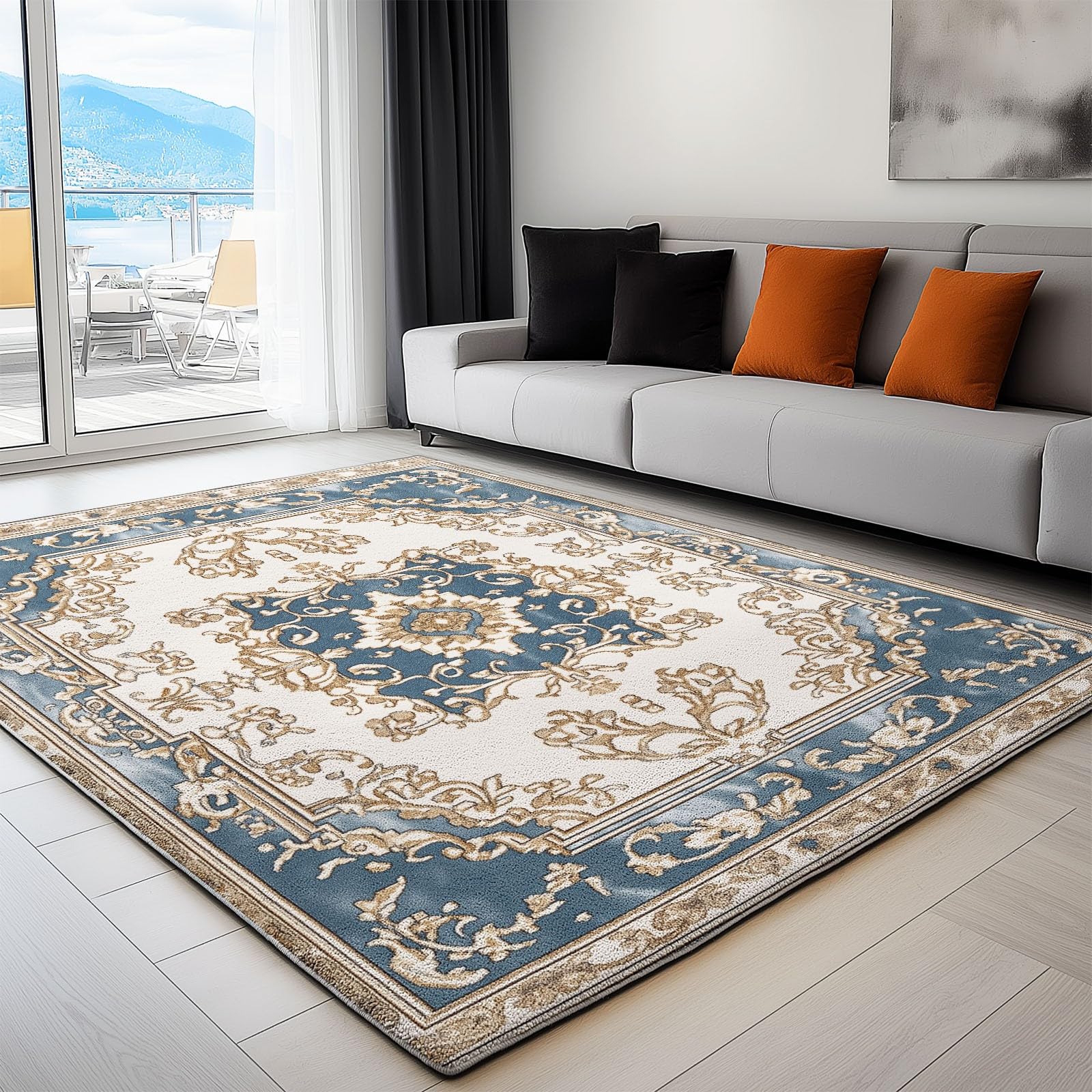 Dywan do salonu z krótkim włosiem Proste luksusowe kwiaty zmywalny design, dywaniki antypoślizgowe w różnych rozmiarach, dywaniki do salonu sypialni 120 x 180 cm, jasnoniebieski