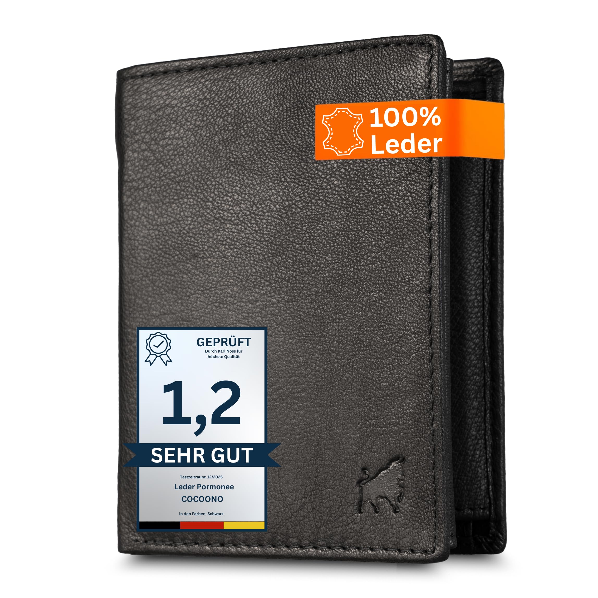 Cocoono Leder Geldbörse Herren mit RFID Schutz I Echtleder Geldbeutel für Männer I Münzbörse Portemonnaie Brieftasche Wallet Portmonee (Bull Hochkant, Schwarz)