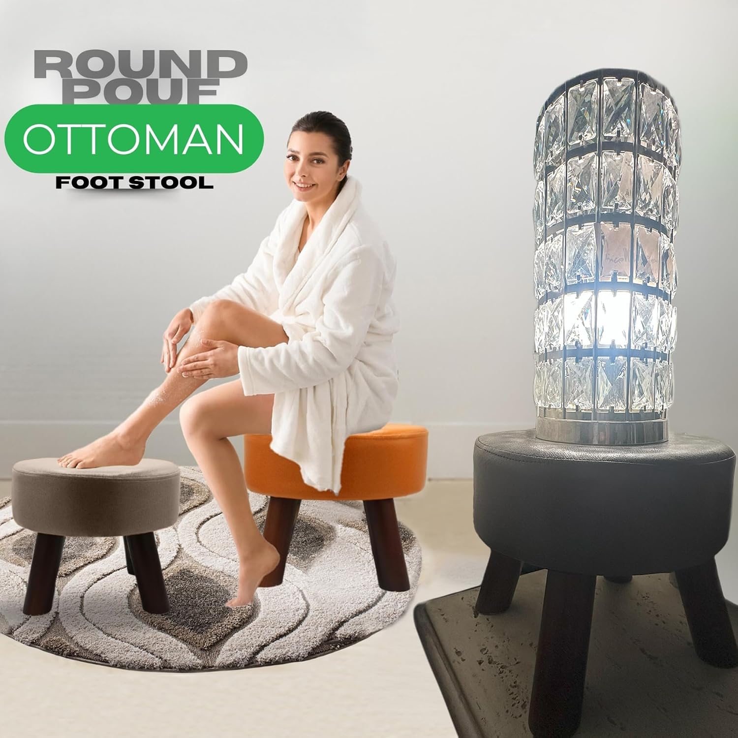 Small Round Ottoman Footstool Leather Padded Hassock Foot Stool 12"(30cm) with Wooden Legs Modern Small Ottoman for Living Room Bedroom Office Under Desk Compact Footrest Stool for Relaxation (Orange)
