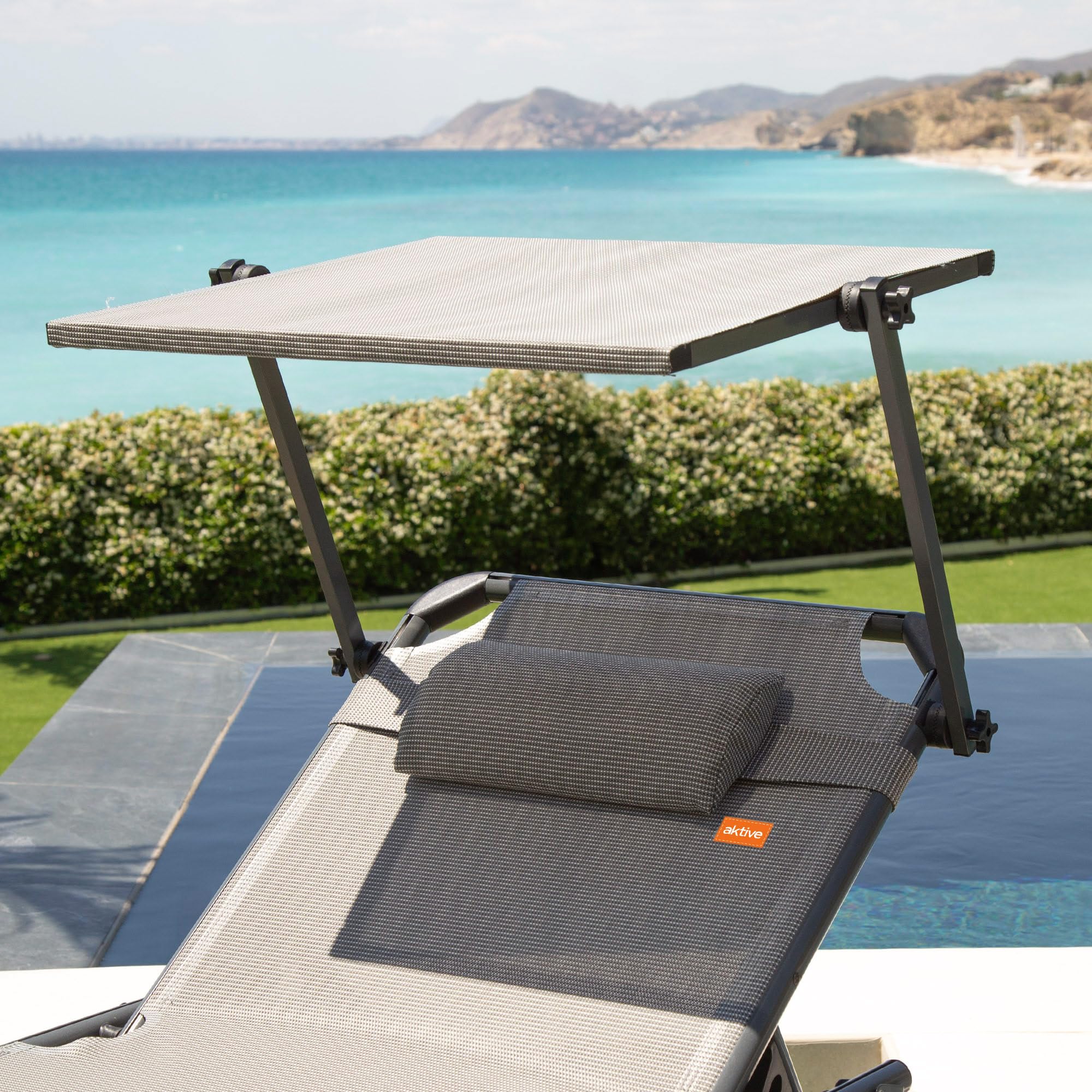 AKTIVE 62613 - Tumbona plegable de playa con parasol, Tumbona de playa con cojín, 193x67x48/96 cm, altura del asiento 48 cm, color gris, tumbona plegable, 5 posiciones, peso máx 100 kg