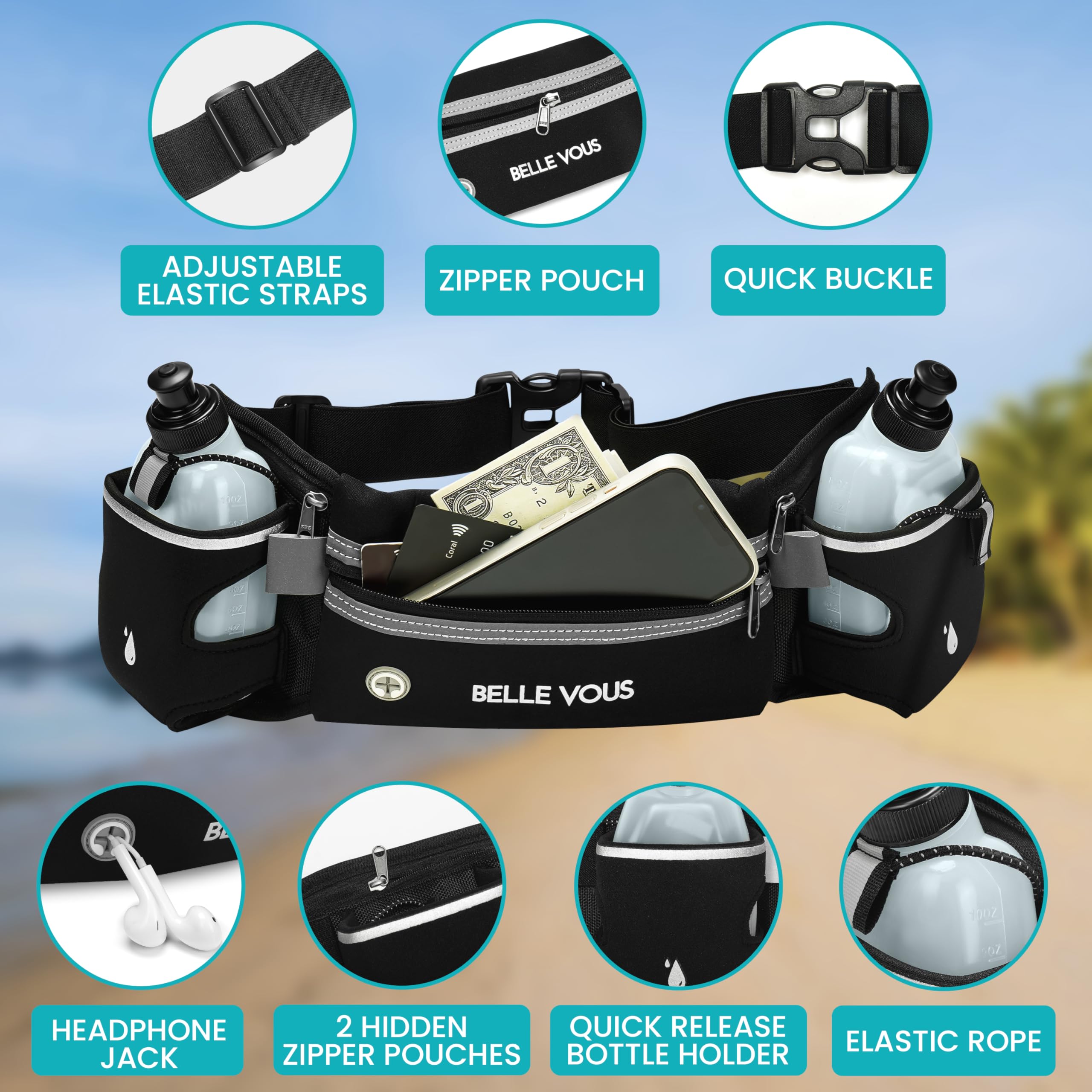 Ceinture De Course Réglable Avec 2 Gourdes 300ml - Sac Banane, Poches Zippées - Pour Running, Randonnée