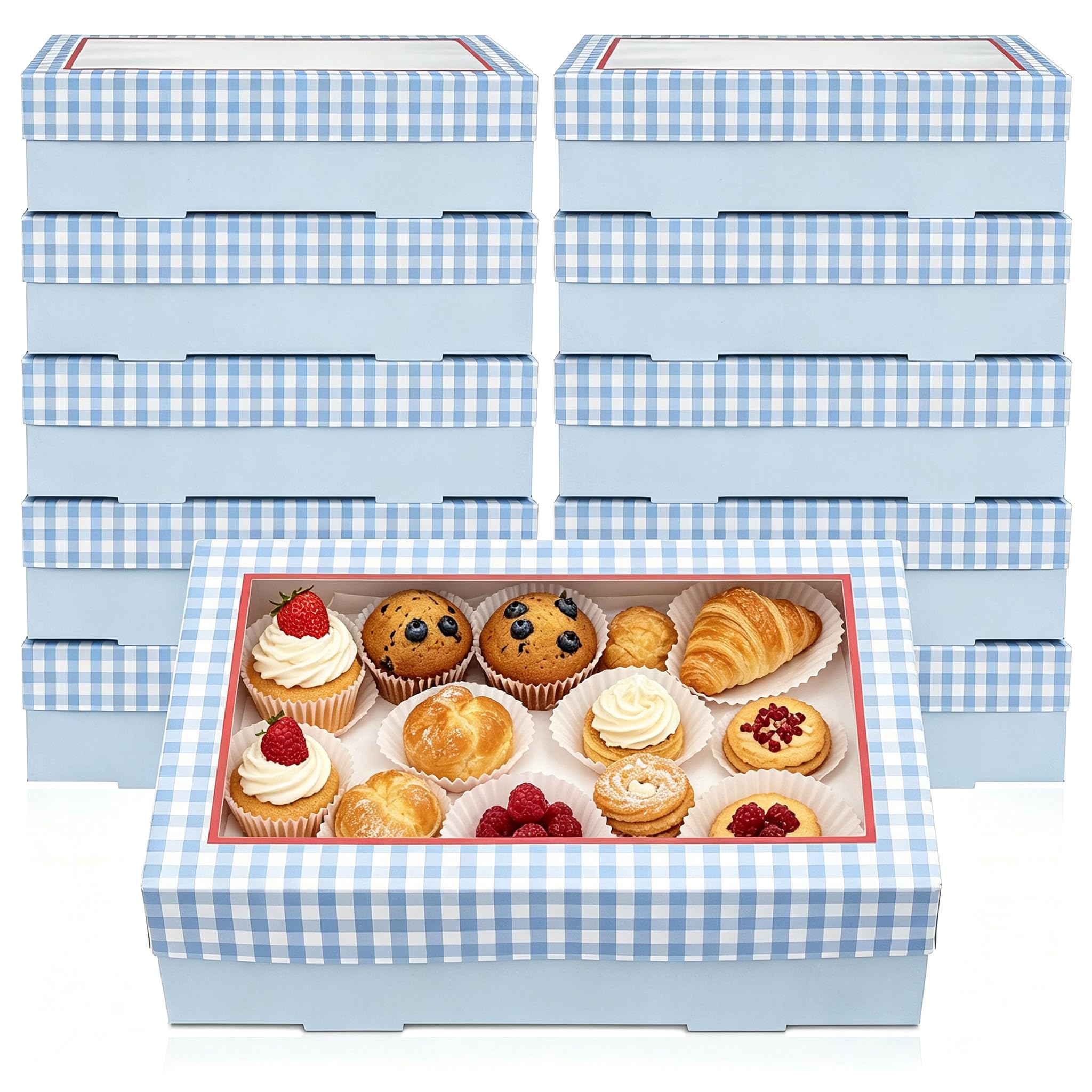 10 Pack Bakery Boxes with Window, 30 x 20 x 8cm Large Cookie Boxes, Extra Strong Cupcake Boxes, Pastry Boxes, Brown Treat Box for Gift Giving, Baking Pies, Cakes, Muffins and Desserts (Blue,S)