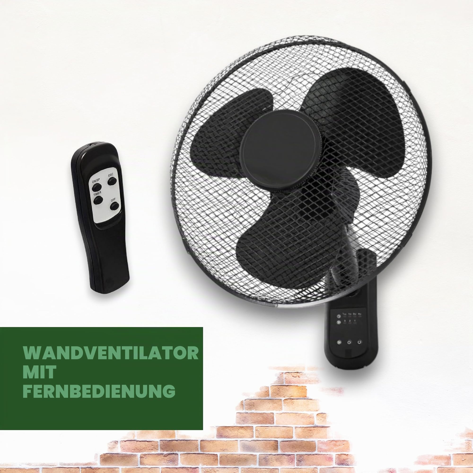 GROWMANIA Wandventilator, schwarz, mit Fernbedienung, 45 W, mit 3 Geschwindigkeitsstufen und Oszillation 90°, Fernbedienung