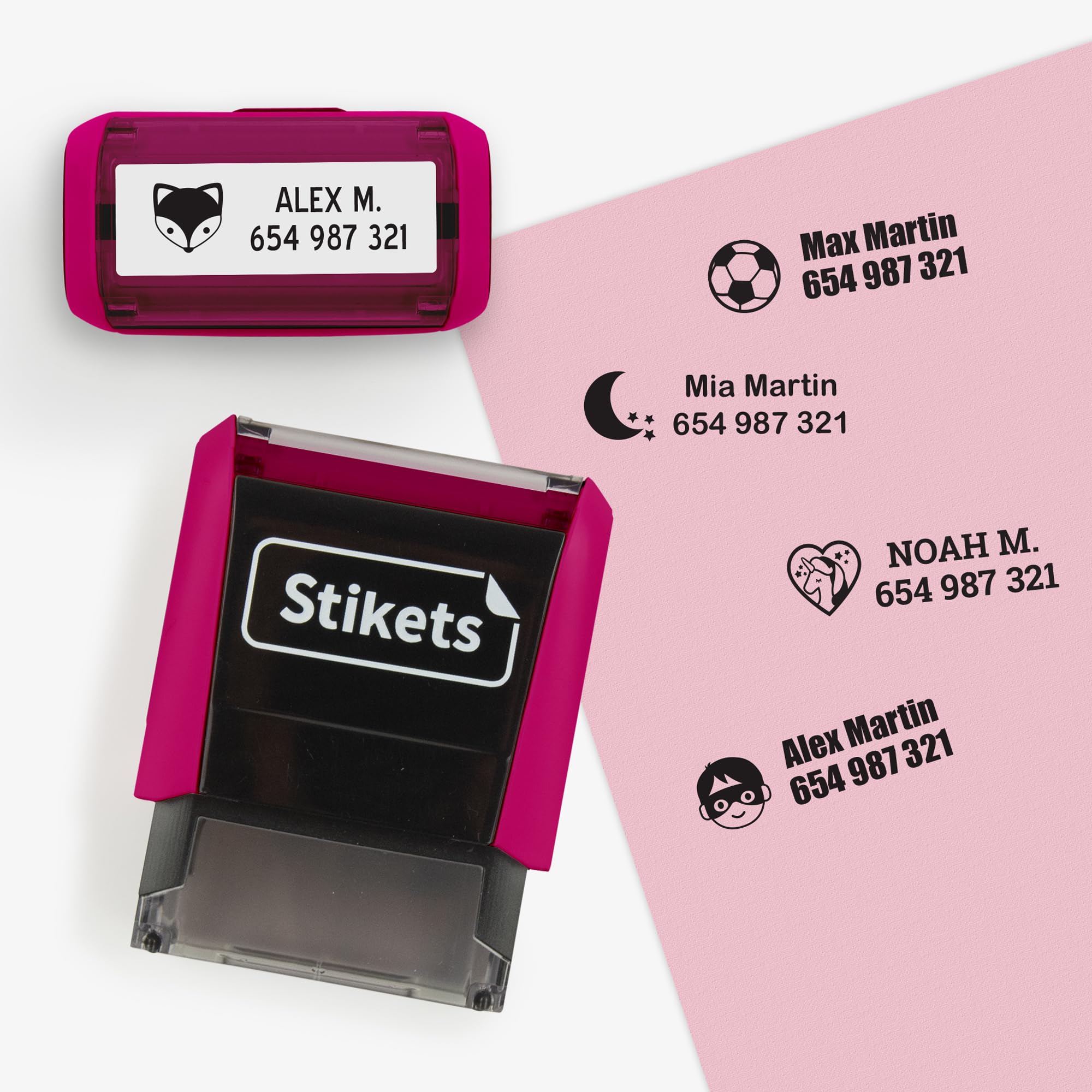 Timbro personalizzato per vestiti e oggetti per bambini per scuola o asilo | Segnalibro con nome permanente con icone - Stikets (Fucsia)