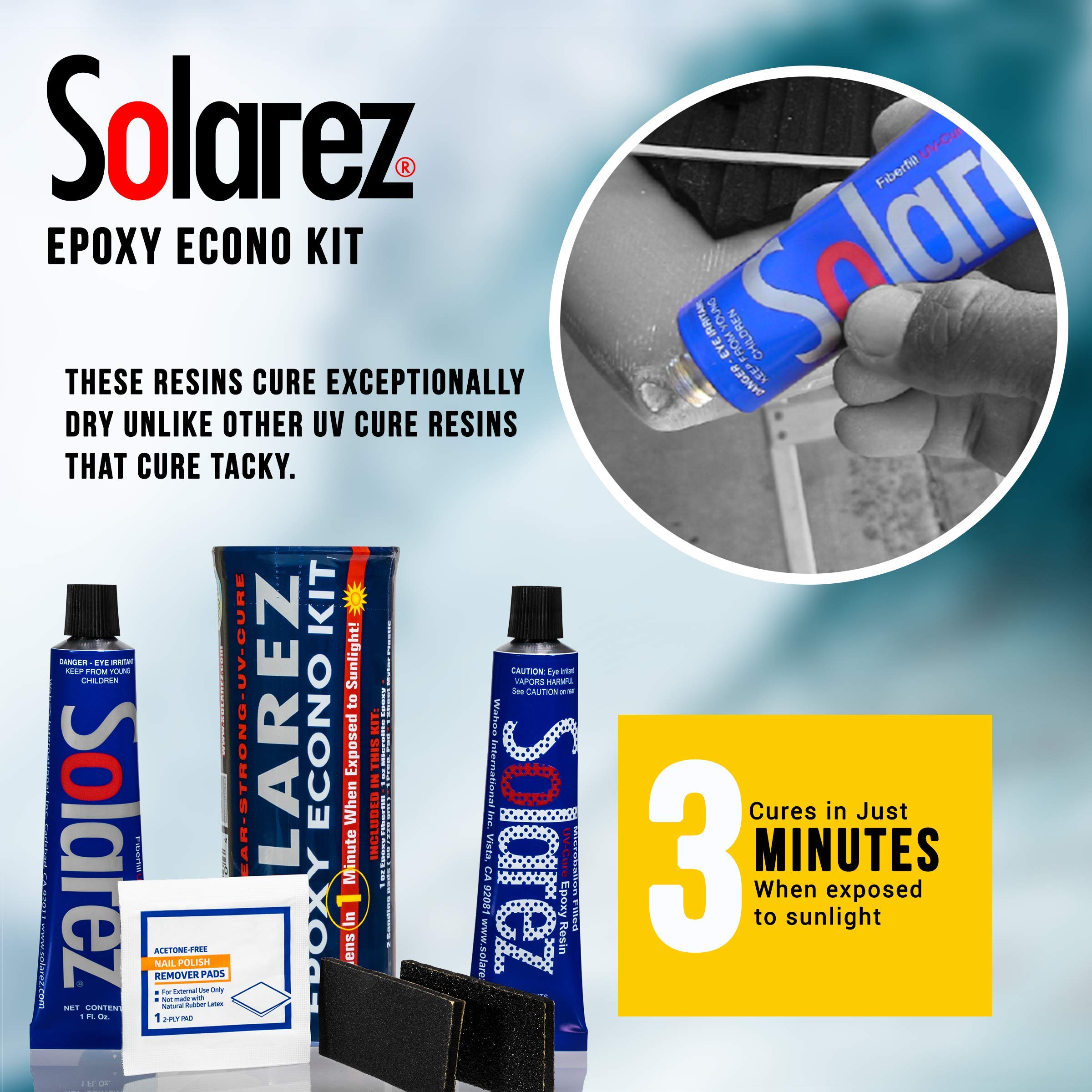 SOLAREZ EPOXY Econo Gift Kit ~ UV Cure Surfboard Repair Epoxy, SUP, Wakeboard Repair, w Epoxy Fiberfil stucco, Tubo Microlite Stucco Epossidico, 2 cuscinetti di sabbia e acetone Prep-Pad~ Prodotto