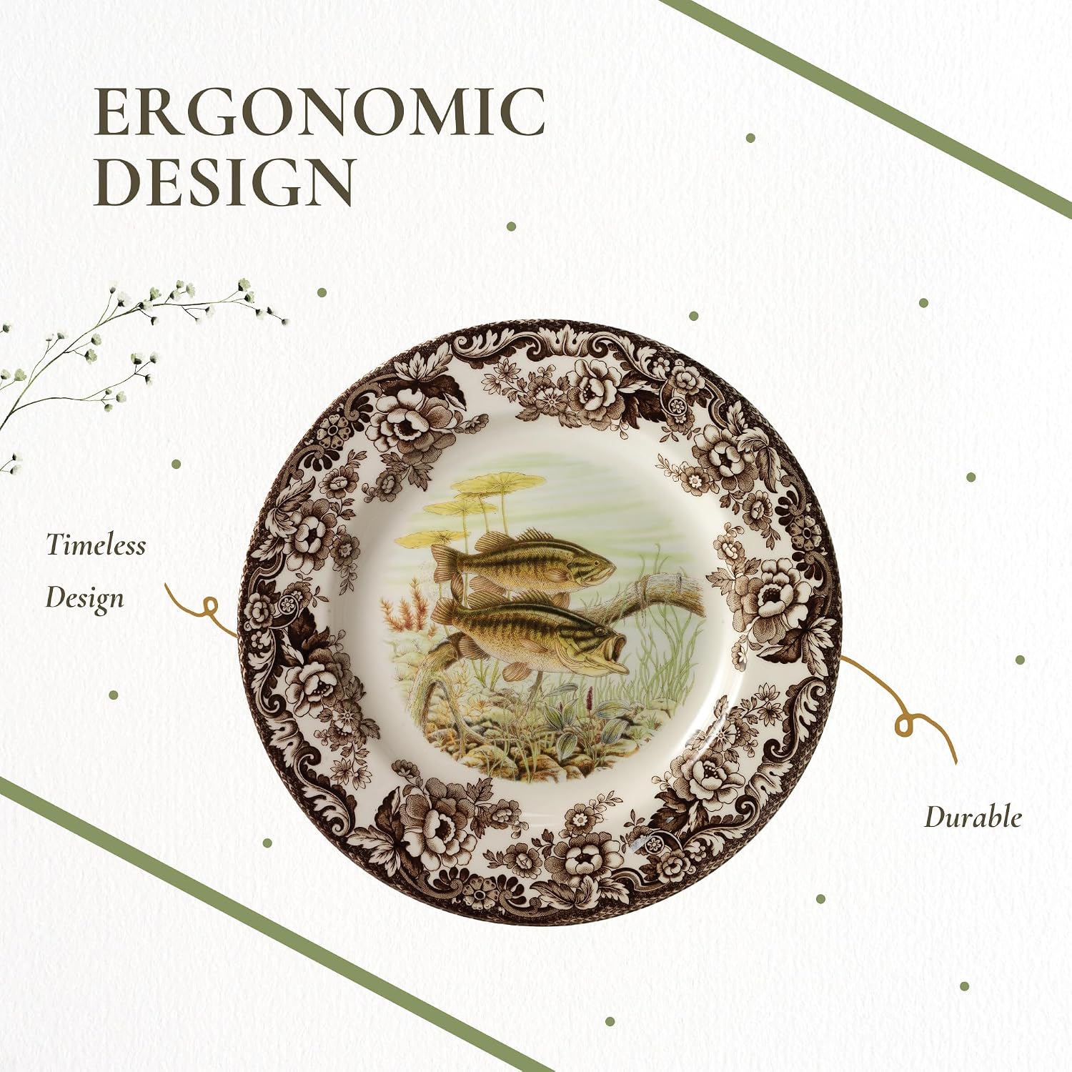 Spode Woodland Collection Salmon Salad Plate Decorative Wildlife Dinnerware British Country Style Floral Border Rustic Holiday Meals 8" Earthenware Seasonal Table Accent Festive Dining