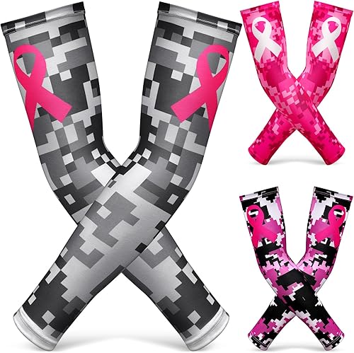 Geyoga 3 pares de mangas de concientización sobre el cáncer de mama, mangas de brazo de compresión de enfriamiento con cinta rosa, protección UV