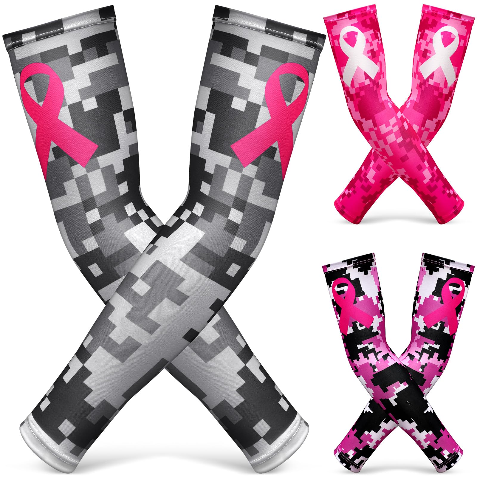Geyoga 3 Pairs Breast Cancer Awareness Sleeves Pink Ribbon Arm Sleeves Cooling Compression Arm Covers UV Protection (Classic Colors)