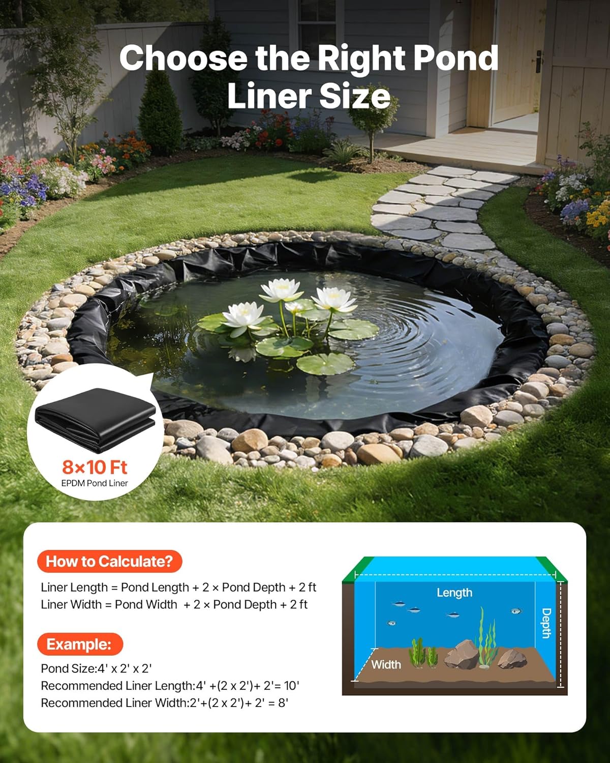 VEVOR 8 x 10 ft Pond Liner, 45 Mil Thickness, EPDM Rubber Material Fish Pond Liner for Outdoor Ponds, Easy to Cut, Durable & Leakproof, for Water Garden, Waterfall, Fishpond, Koi, Fountains, Black