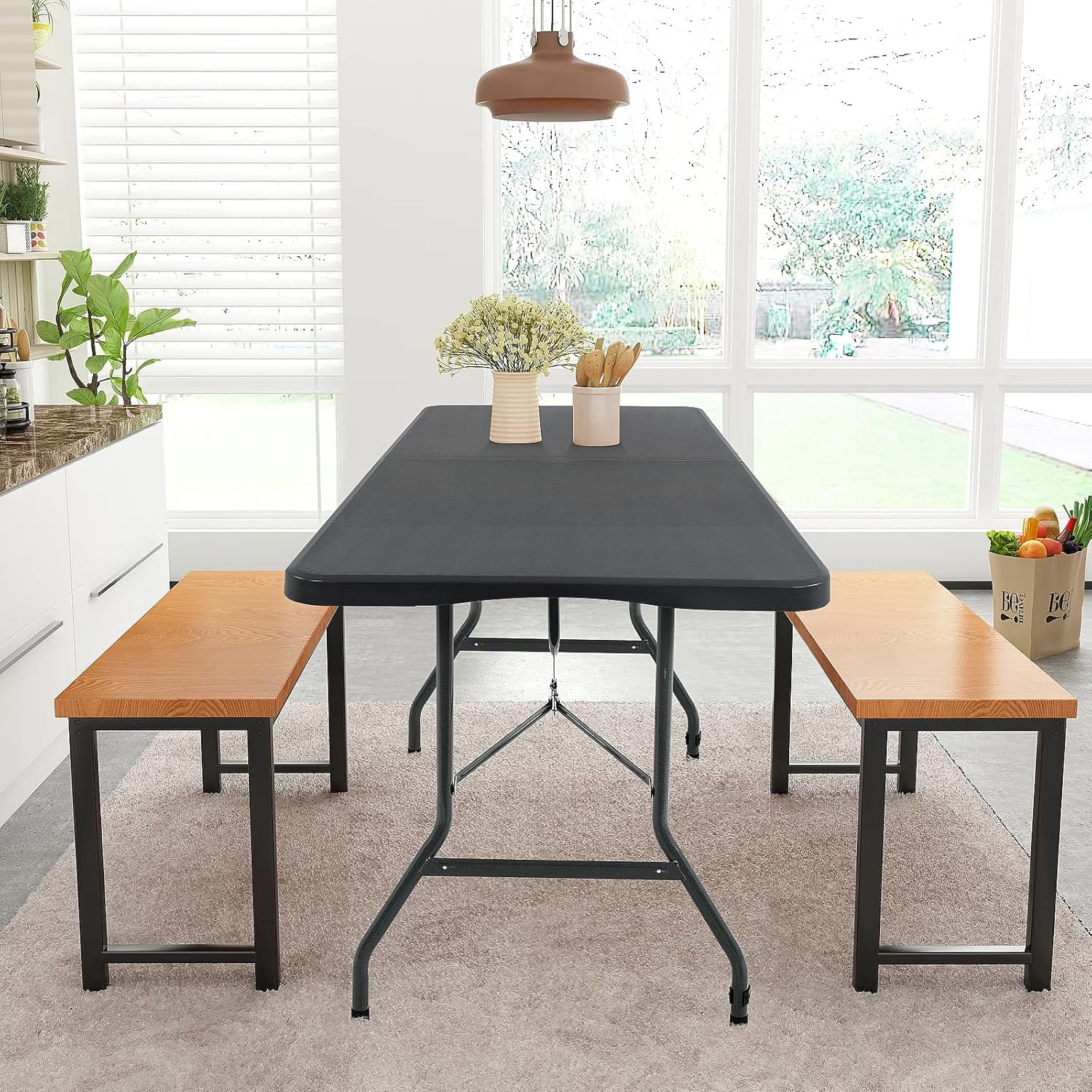 6ft Folding Table, Heavy Duty Foldable Table with Handle, Portable Fold-in-Half Utility Tables for Indoor & Outdoor Use Perfect for Camping BBQ Party Wedding Market Events, Black